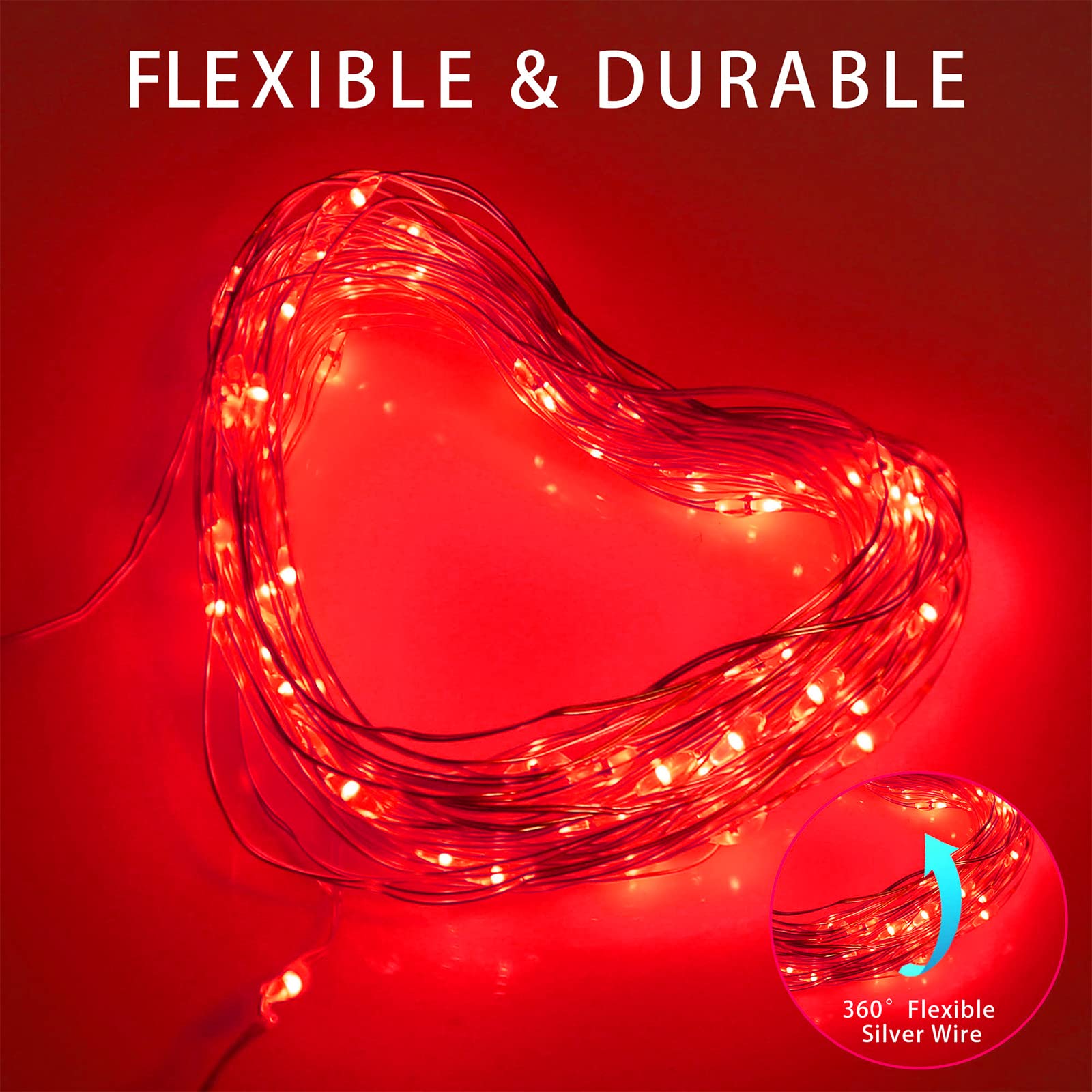YAOZHOU Solar String Lights, 200 LED, Red Copper Fairy Lights, Waterproof, 8 Modes, 2 Pack for Outdoor Decoration