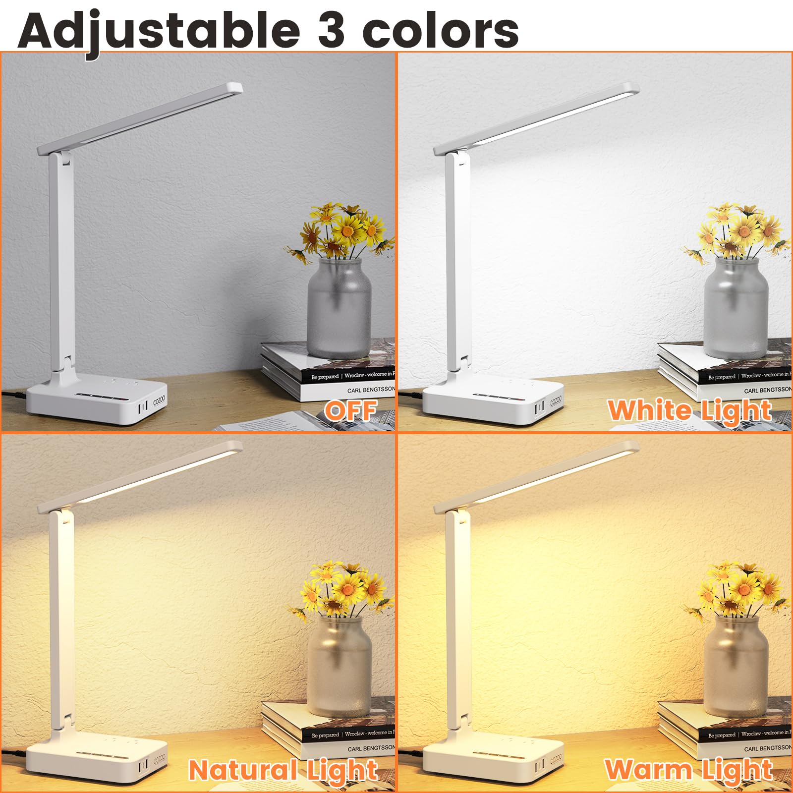 Desk Lamps For Home Office,Modern Led Desk Lamp For Dorm With 3 Usb Charging Port 2 Ac Power Outlets,9 Lighting Mode,Touch/Timer