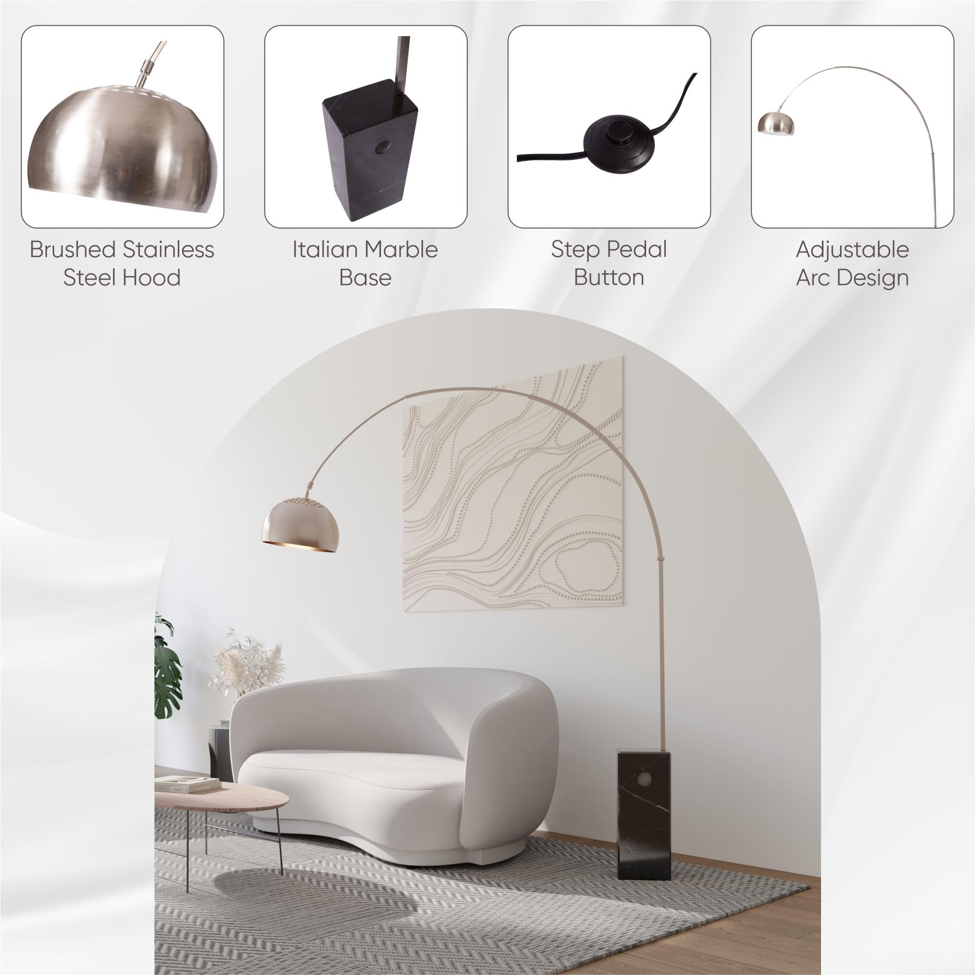 LeisureMod Floor Lamp - Italian Marble Base, Brushed Stainless Steel, 96"H, Black, Model AL22W, Ideal for Modern Home & Office