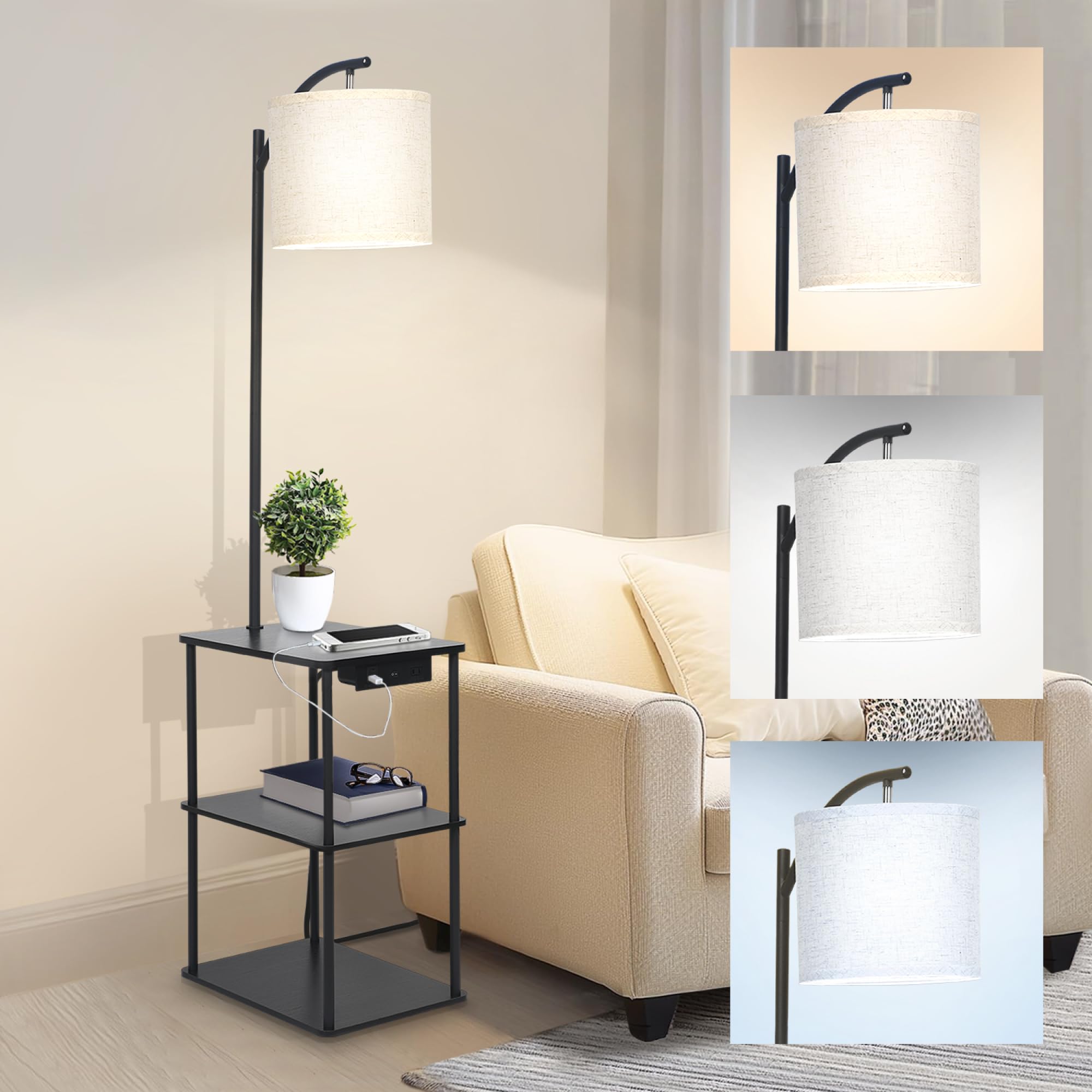 ASD Floor Lamp with Table & Charging Station, End Table Lamp with Shelves, USB-A, Type-C, AC Outlet, 3CCT LED Bulb, Modern Side 