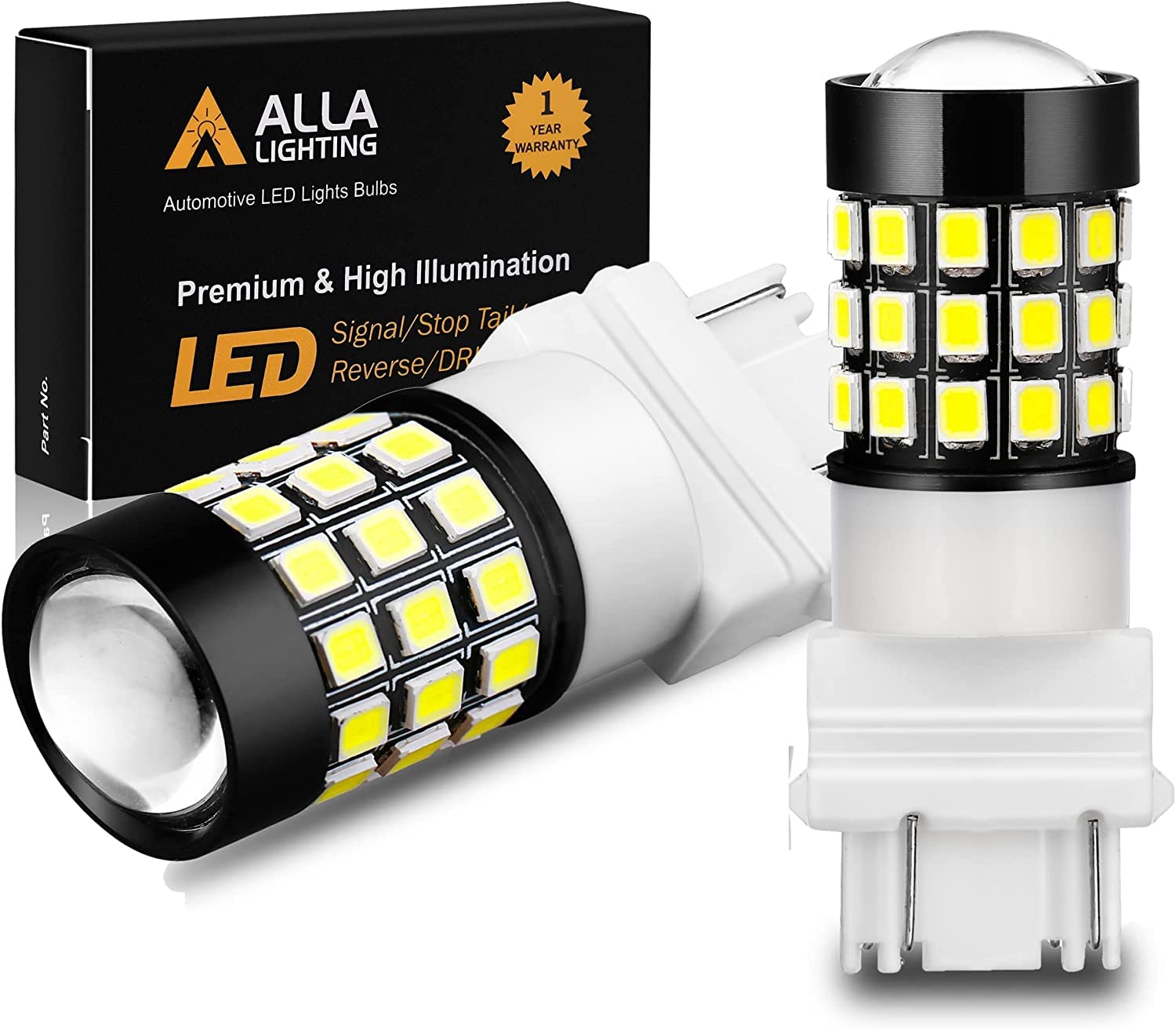 Alla Lighting T25 LED Strobe Brake & Reverse Light Bulbs, 6000K Xenon White, Model Alla-STR-2835-3157-39W