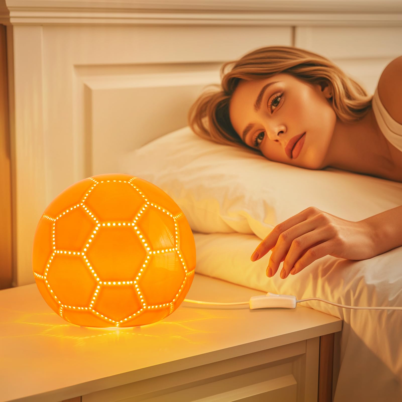 Bohon Light Up Soccer Ball Size 5, Ceramic Bedside Table Lamp, Orange Kids Night Light, Sport Stuff Soccer Gifts For Boys Girls