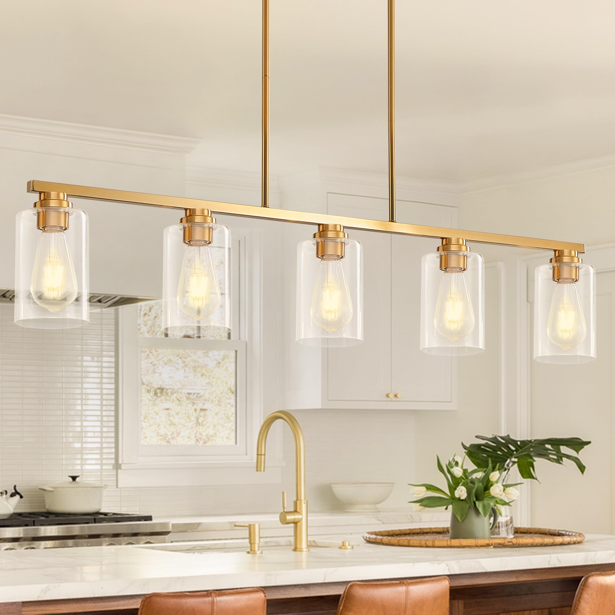 Mecgirn 4-Light Linear Chandelier Pendant - Brushed Gold Metal Light Fixture for Kitchen Island & Dining Room, Model D0017-4-G