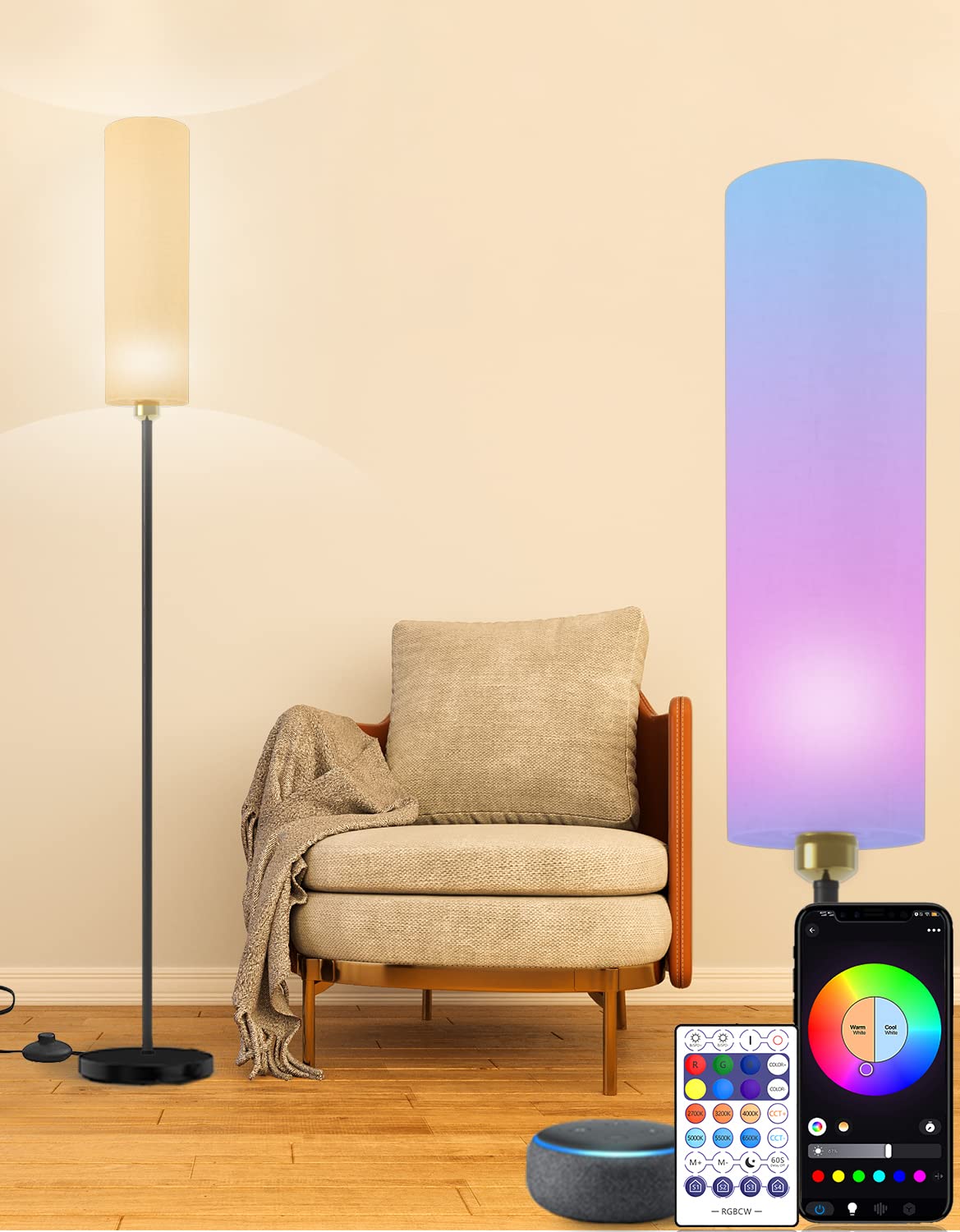 Smart Floor Lamp Works with Alexa & Google Home, Color Changing Stepless Dimmable for Living Room, Modern Standing WiFi Lamps wi