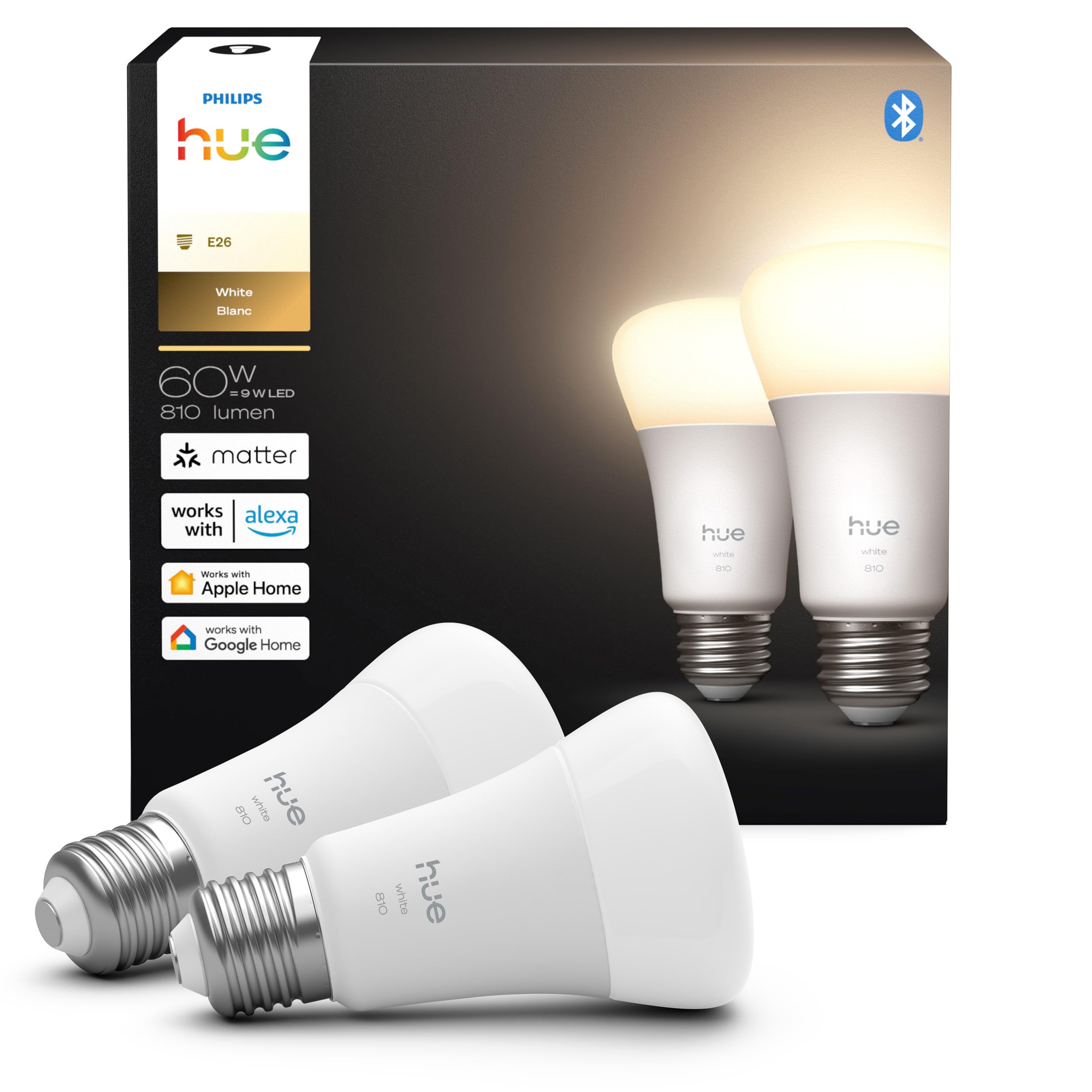 Philips Hue Smart LED A19 Bulb  Warm White Light 2700K  E26 Base  9W  810 Lumens  Dimmable  Works with Alexa  Google Assistant  and Apple Home  2pk