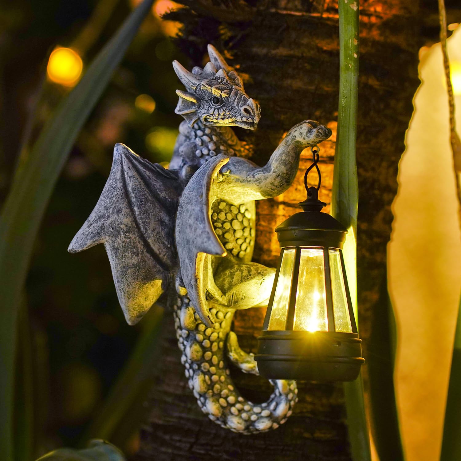 Fashionoda Dragon Tree Hugger Solar Lantern - 9.3 Inch Resin Statue For Outside Balcony Garden Decor : Ideal Yard Outdoor Gift For Grandma Mom Women