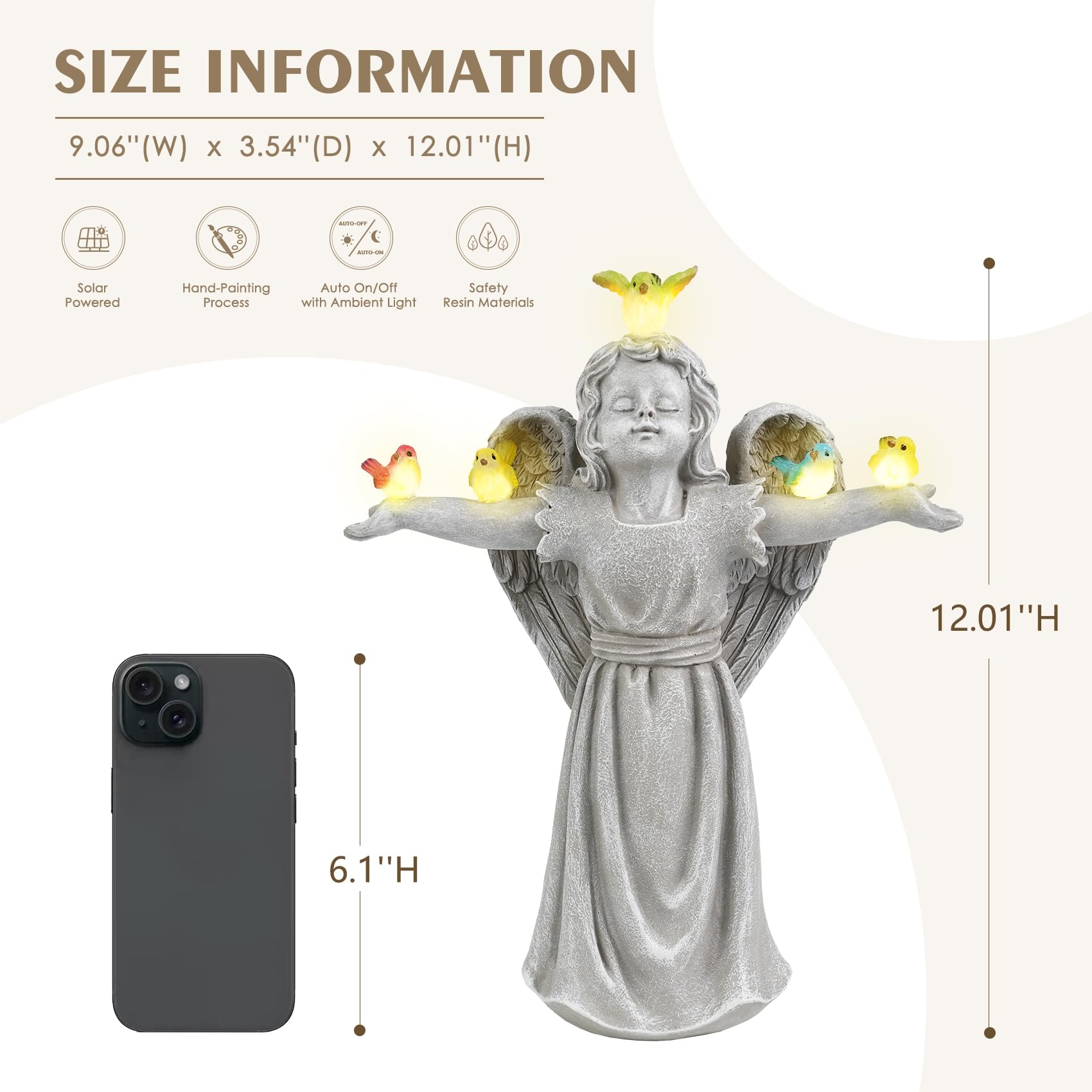 Mininova Solar Angel Garden Statue With Birds Outdoor Solar Light Decorations Resin For Yard Patio Porch Balcony Housewarming Bi