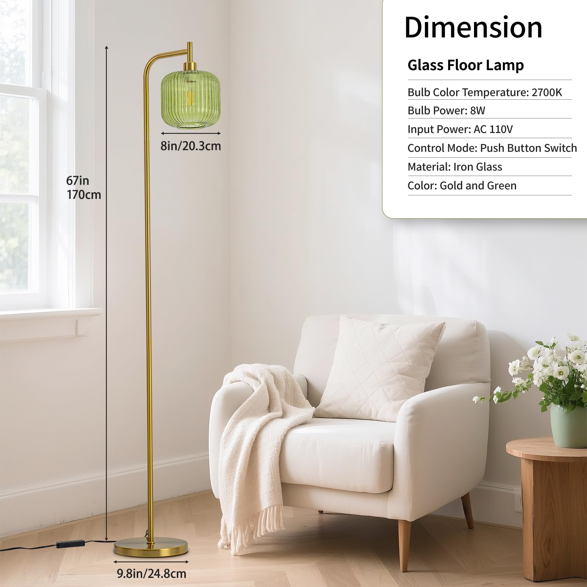 MAYNA Glass Floor Lamp - 67" Modern Vertical Design, Green Aluminum, Remote Control, Ideal for Living Room, Bedroom & Study