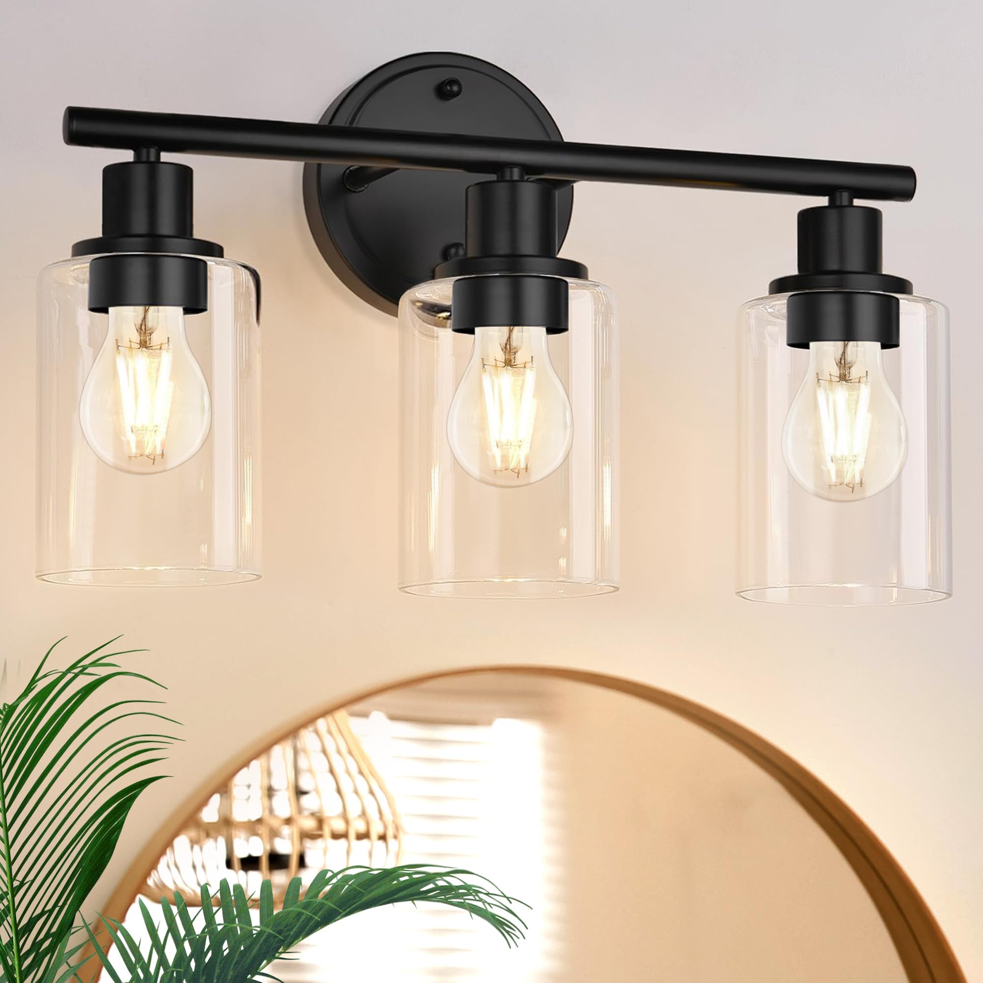 Faymart 3-Light Bathroom Vanity Light Fixture, Black Metal & Glass, Over Mirror, Model 748327905294