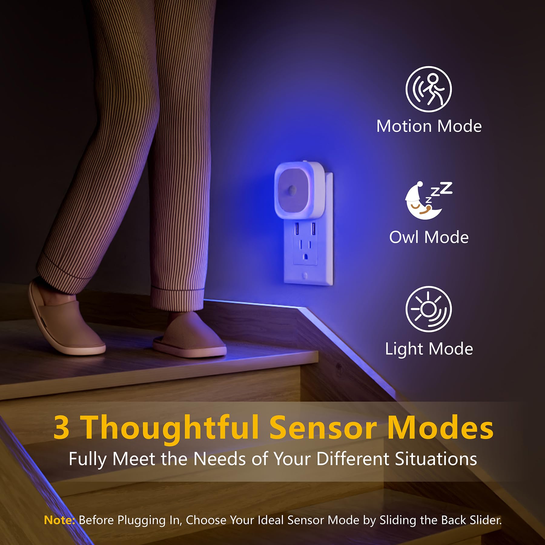 Yunlex 2 Pack Plug In Night Light With Motion Sensor & Dusk To Dawn Sensor, 3 Sensor Modes, Blue Night Lights Plug Into Wall, Di