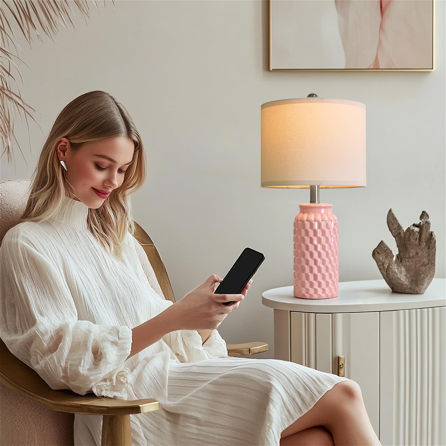 Usumkky 20.5'' Pink Table Lamps Set Of 2,Modern Farmhouse Bedside Lamps - Ceramic Nightstand Lamps For Bedroom,Boho Living Room