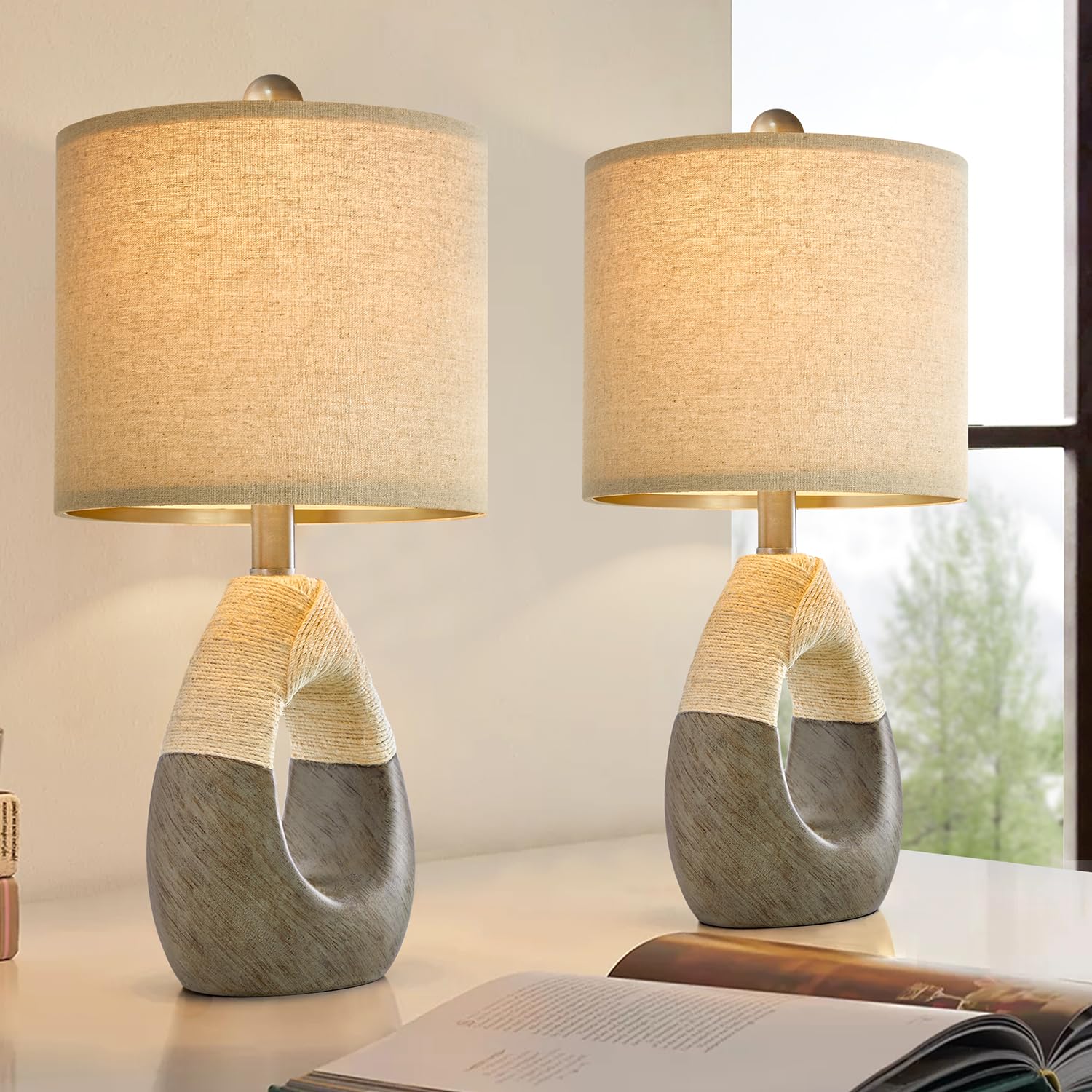 OYEARS 19" Boho Rattan Table Lamps Set of 2, Rustic Egg Design, Grey, AMZ-T1085CG-OY, Ideal for Small Spaces, Nightstand Lighting