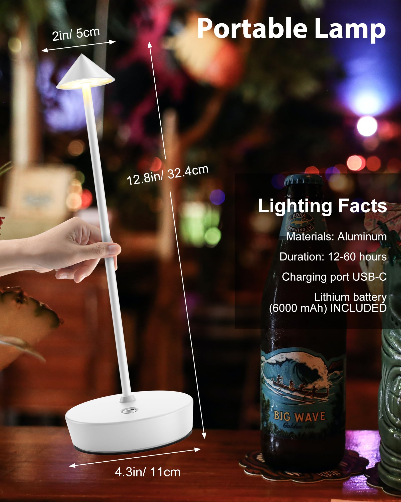 SHANGCAI Cordless Table Lamps, Rechargeable LED Desk Lamp, Waterproof, Touch Dimmable, Set of 2, White