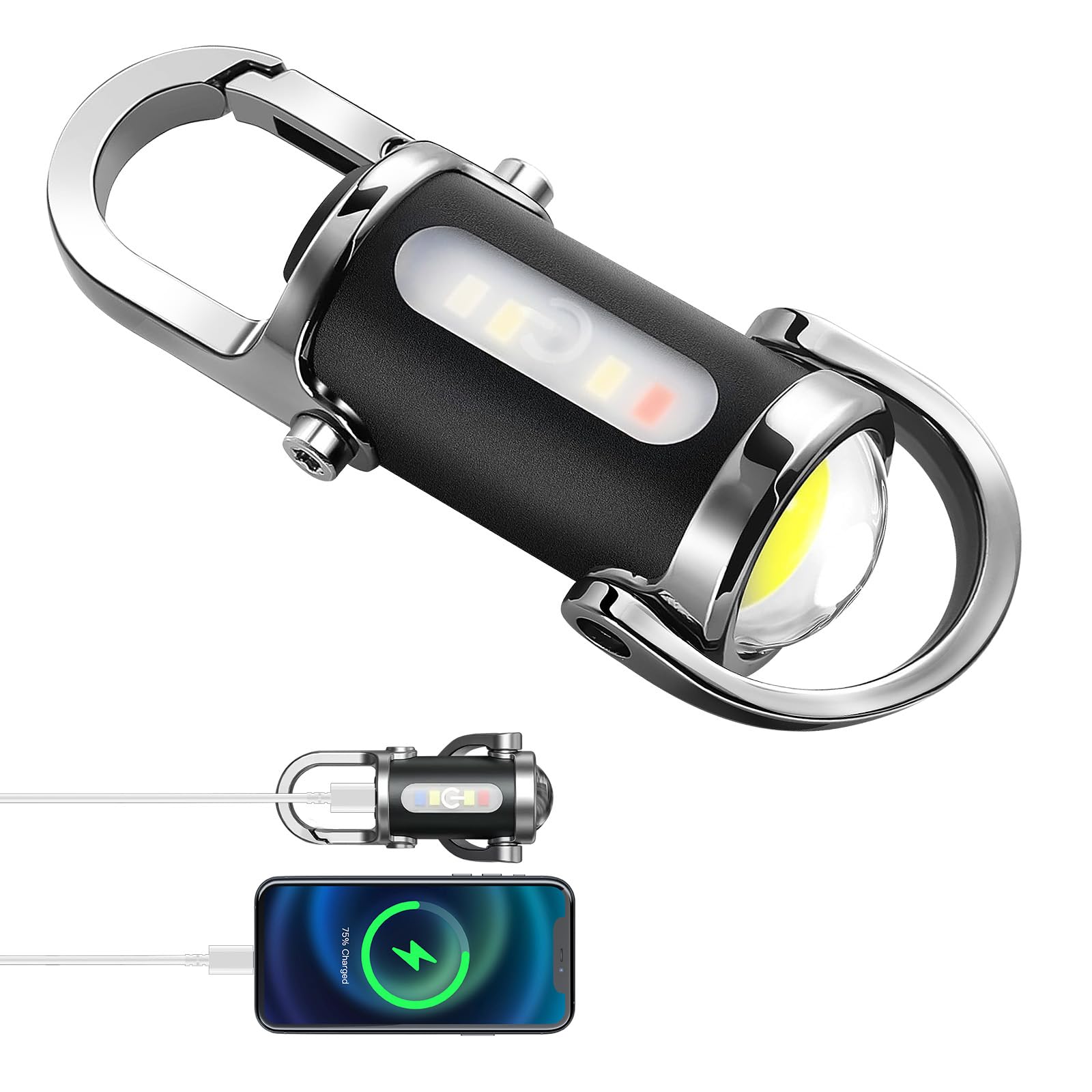 BudaTao 3-in-1 Emergency Keychain Flashlight, 500 Lumens, USB-C Rechargeable, IPX7 Waterproof, Black & Silver, Model BudaTao01