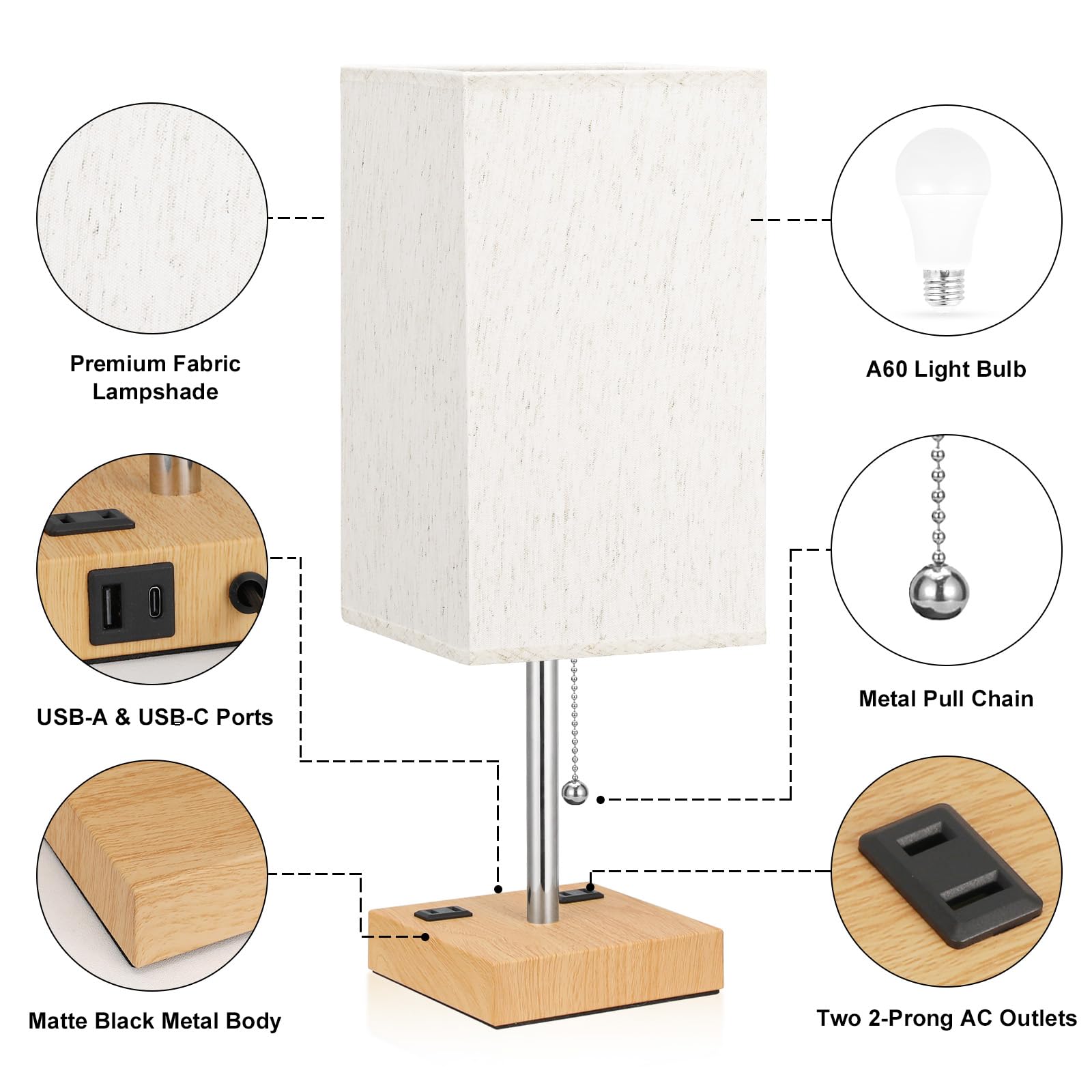 Cream Bedroom Table Lamps Set Of 2 - Bedside Lamps For Nightstand, Minimalist Night Stand Light With Square Fabric Shade, Desk R