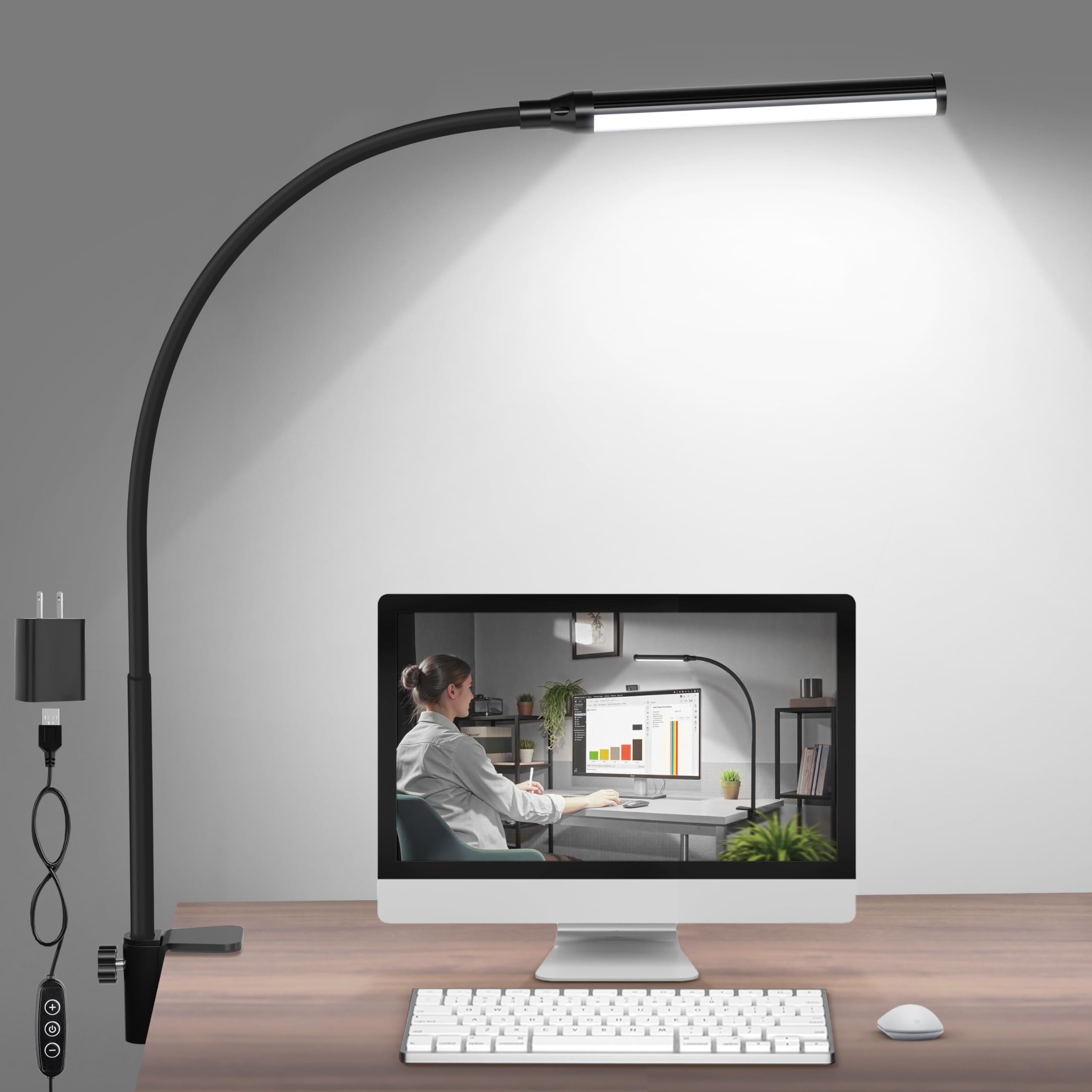Shinetech Led Desk Lamp With Clamp, 5000K Daylight White 11 Brightness Level Eye-Caring Clip Lights For Home Office, Flexible Go