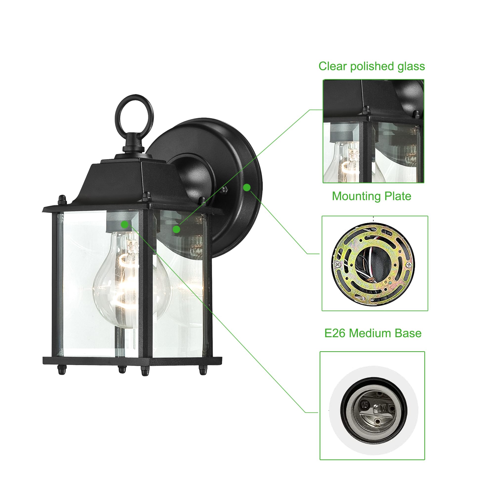 WISBEAM Outdoor Wall Lantern 2 Pack, Black Waterproof Aluminum Sconce, ETL Qualified, Model WS-WL001