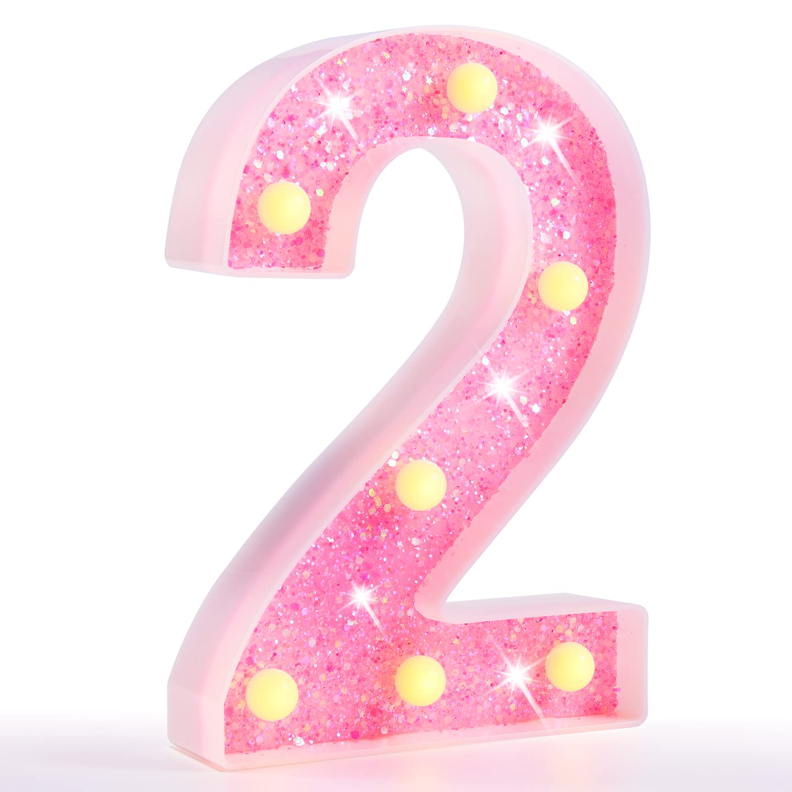 Pooqla Marquee Numbers Lights, Light up Numbers Battery Powered, Glitter Lighted Numbers for Birthday Party, Shiny LED Numbers for Christmas Wedding Home Bar Decoration, Pink Number 2