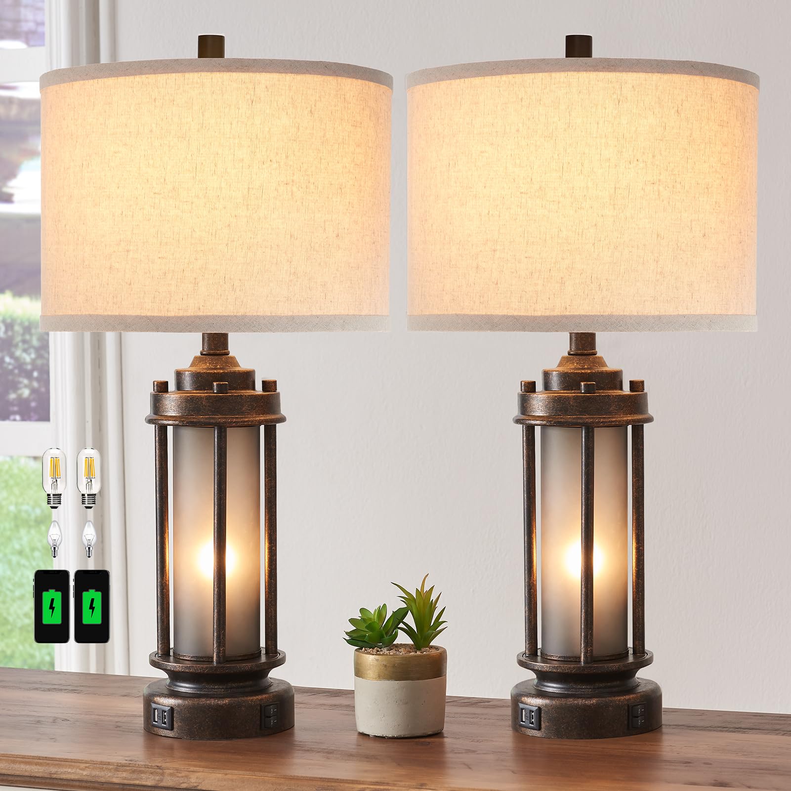 Aieampdo Set Of 2 Rustic Table Lamps For Living Room, Farmhouse Vintage Nightstand Lamp With 2 Usb Ports, Antique Retro Light Green Glass Night Light For Bedroom Entryway, 4 Bulbs Included…