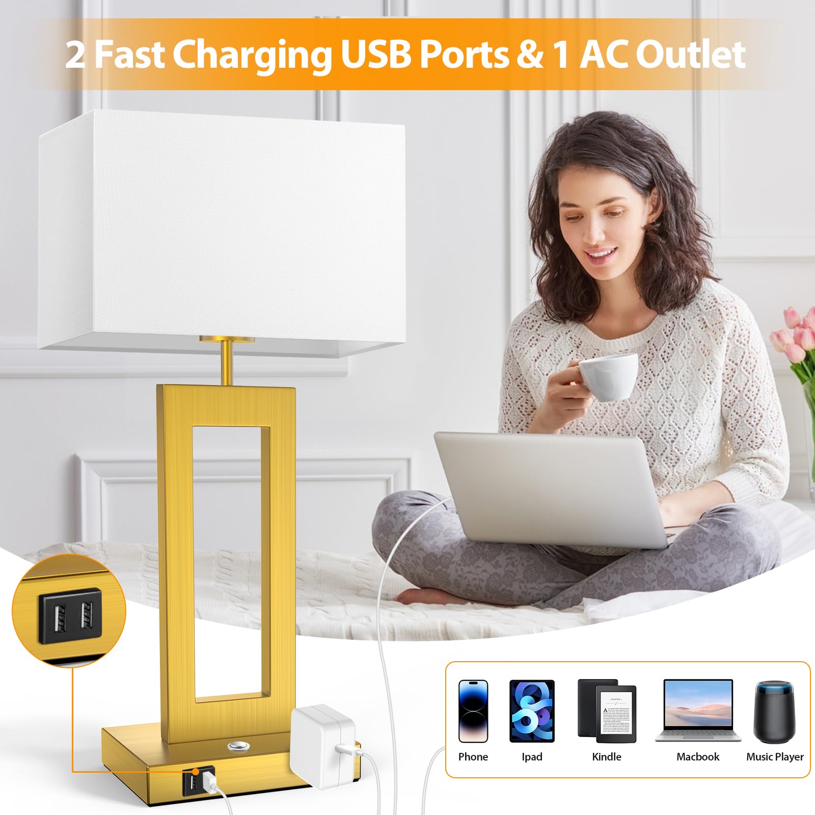 Kondras 22" Touch Control Table Lamps Set of 2, Gold, Dimmable, 3 Color Temperatures, USB Ports, Model T0344A-BRASS+WH