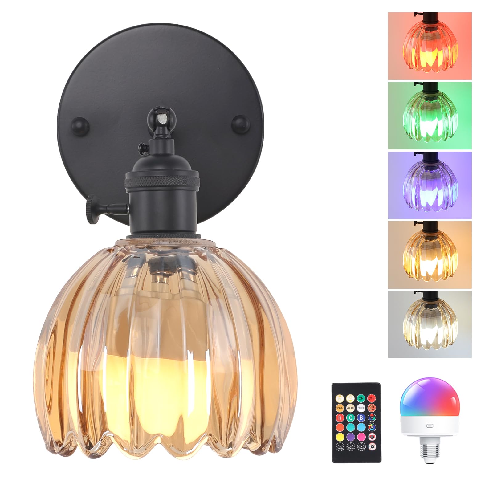 Shenmoyl Vintage Wall Sconce - Battery Operated, Amber Glass Lampshade, Remote Control, Black Base, Model 1-93316, 1 Pack
