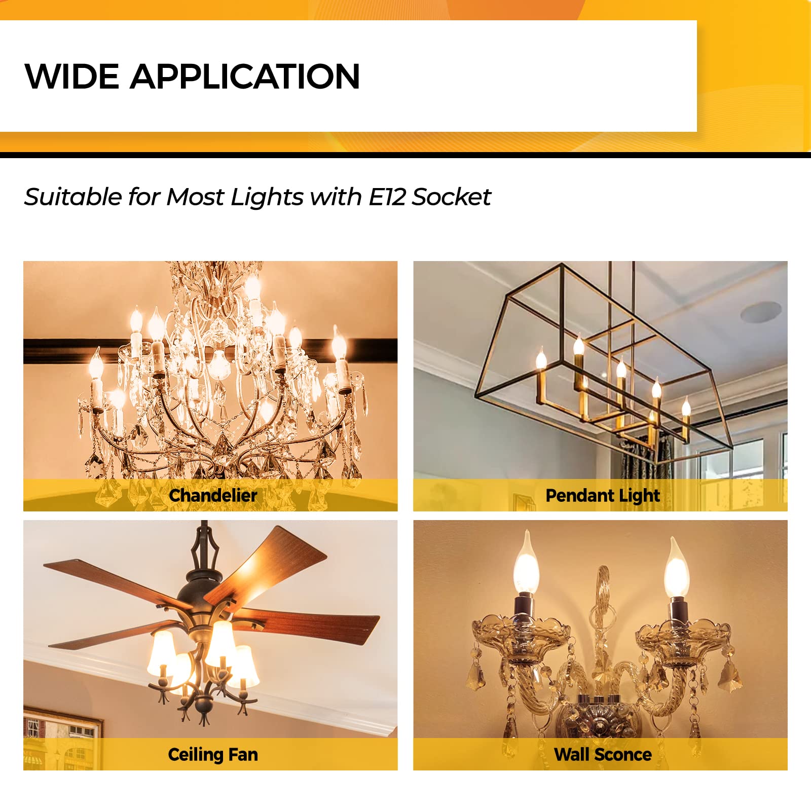 Hizashi 90+ Cri Dimmable E12 Led Candelabra Bulb 25W Equivalent, 2700K Soft Warm White, 12 Pack, Glass, Ca10 Flame