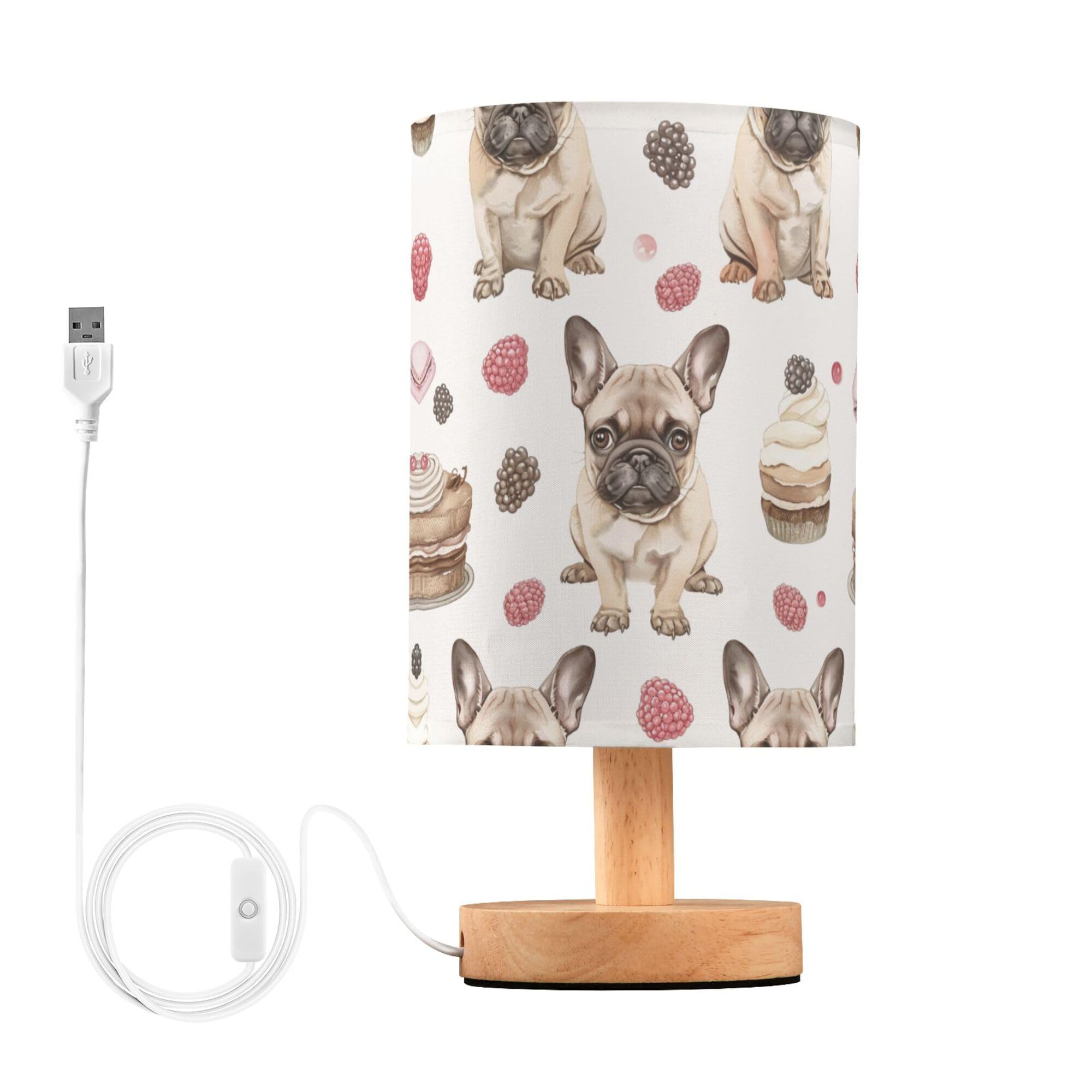 YYZZH Table Lamp French Bulldog Puppy Dessert Cake Fruit Nightstand Lamp with Wood Base Fabric Lamp Shade Bedside Desk Lamp for 