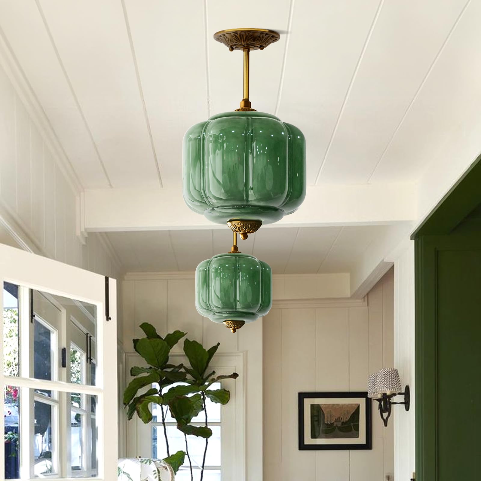 Ckensu Milk Glass Ceiling Light Fixture - Antique Brass Semi Flush Mount Pendant Light For Kitchen, Hallway, And Bedroom (Green,