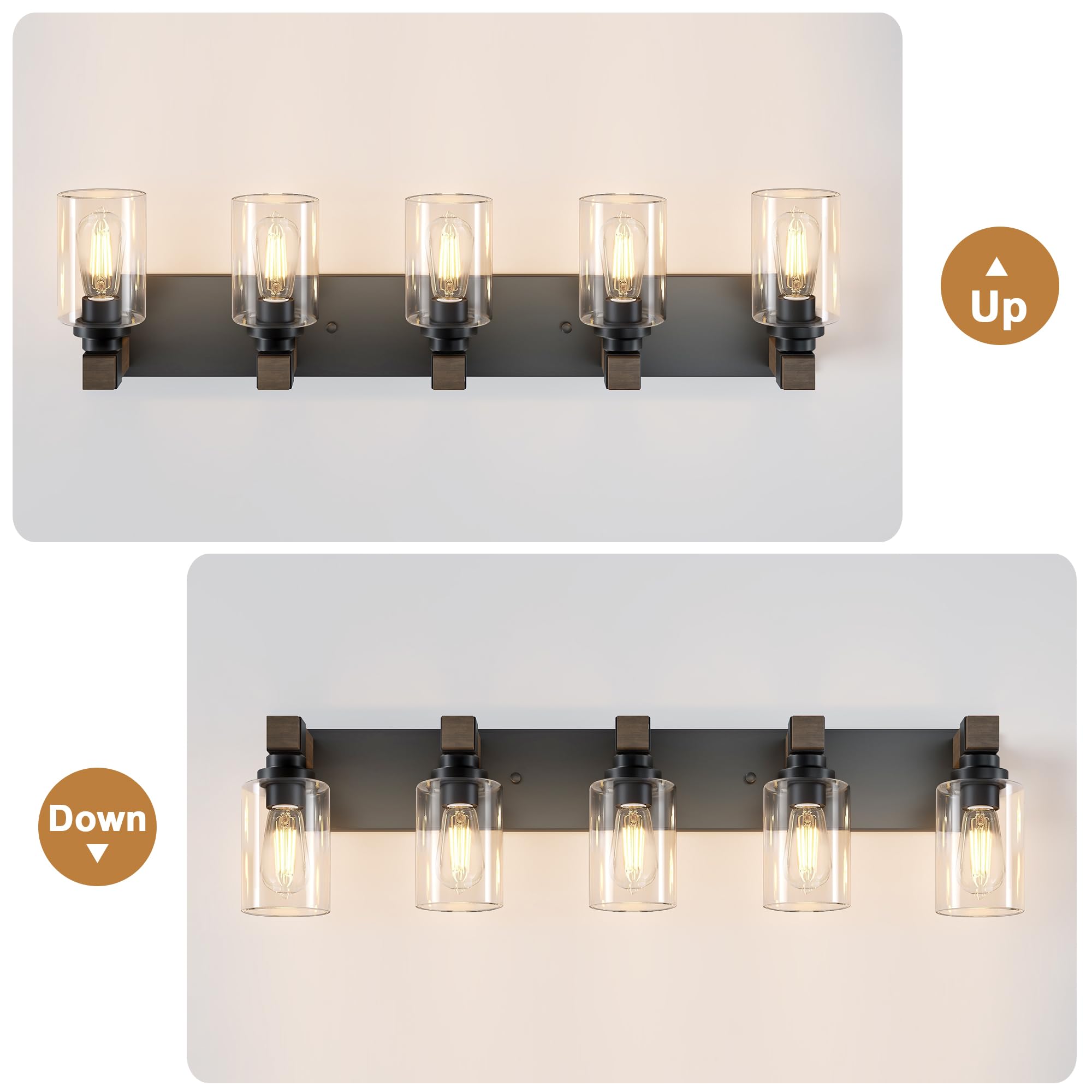 Farmhouse Bathroom Vanity Light Fixtures  Rustic 5-Light Wood Vanity Lights For Bathroom  Vintage Black Wall Sconces Lighting  Light Fixtures Over Mirror  With Glass Shade