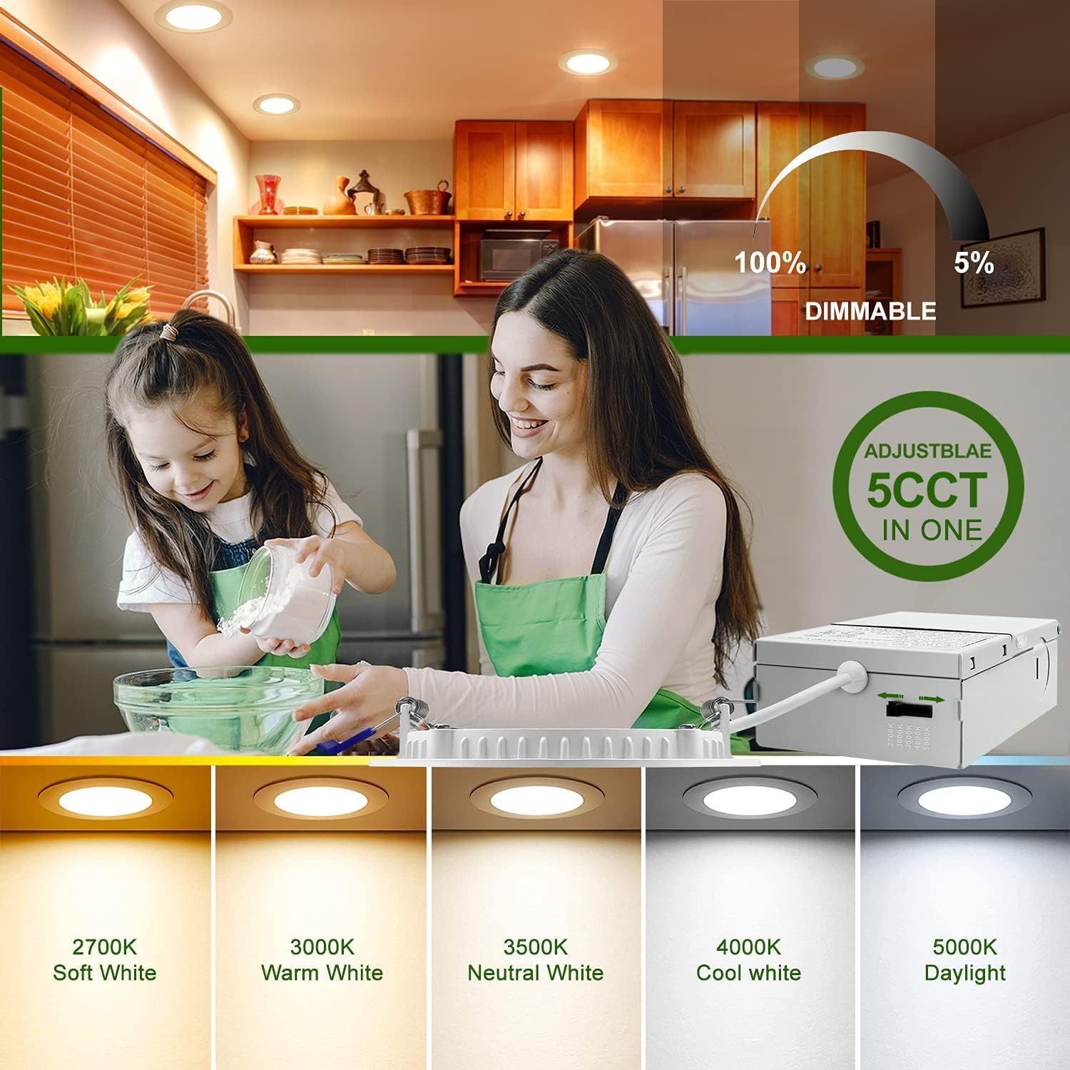 zouzai 4 Inch 9W Ultra-Thin LED Recessed Ceiling Light, Dimmable, 5CCT, Aluminum, Energy Star, ETL Certified - 6 Pack