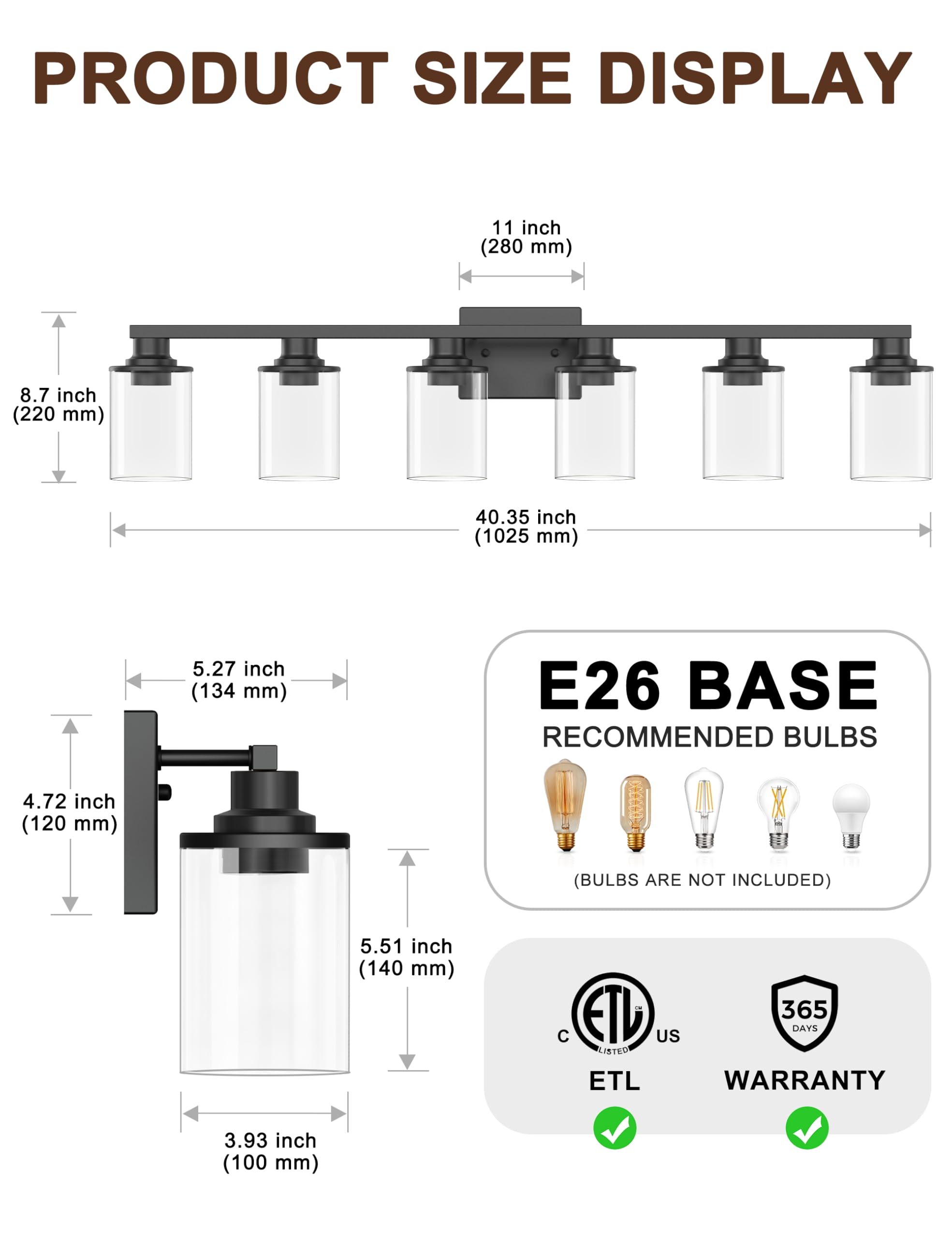 DORESshop 6-Light Bathroom Light Fixtures, Black Vanity Lights with Clear Glass Shade, ETL Listed