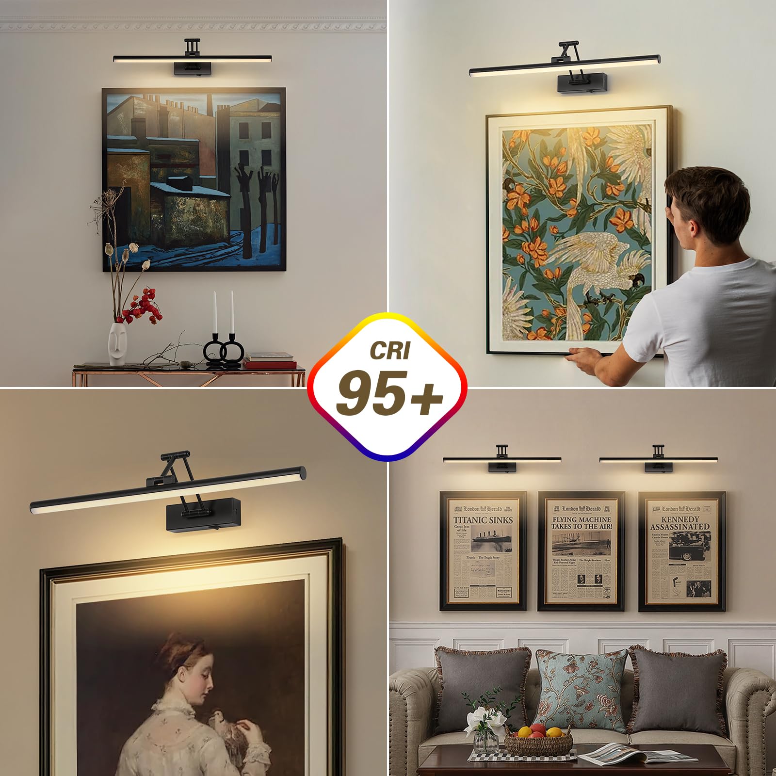 Joossnwell Battery Operated Picture Lights With Remote Wireless Art Lighting For Wall 23.62 Inch Rechargeable discomfort-reducingting Light Black Frame Light Dimmable 3Cct Gallery Light For Library Portrait