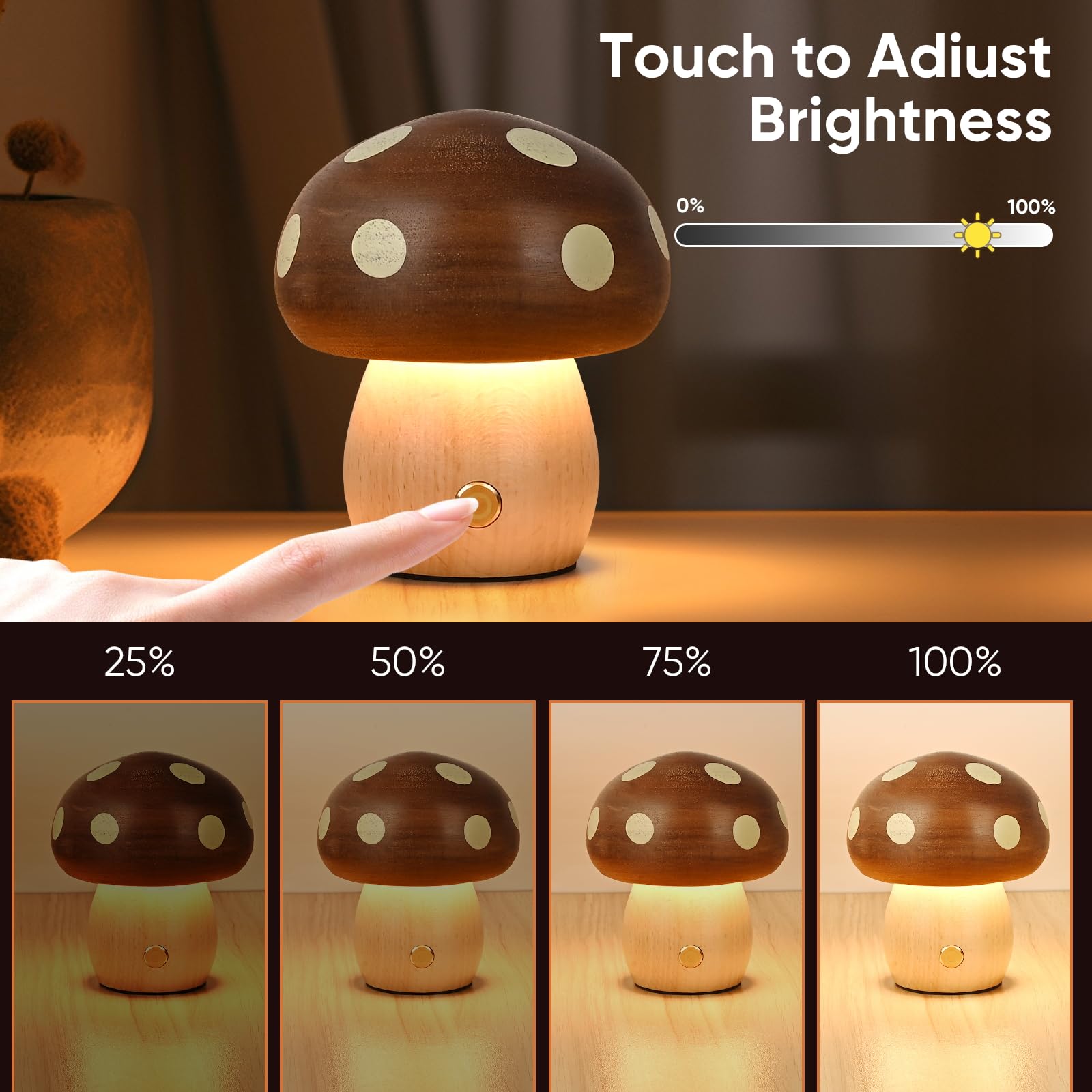 Moroommt Wood Mushroom Lamp  Rechargeable Small Bedside Lamp  Touch Mushroom Night Light Small Lamp For Nightstand  Portable Battery Operated Lights For Bedroom Kids Birthday Gifts