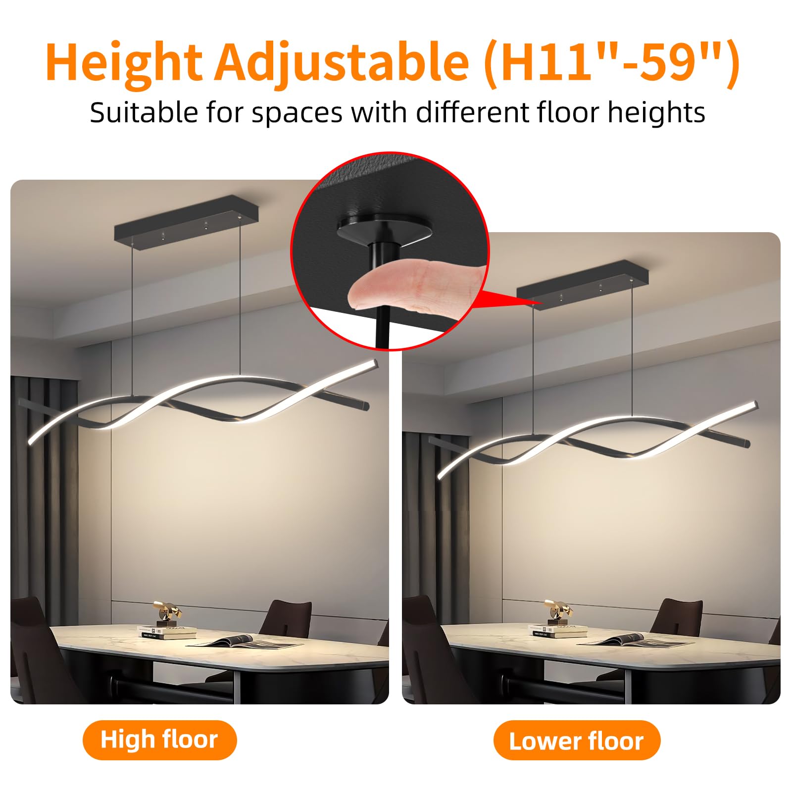 Mikeru Modern LED Pendant Light, 57in Aluminum Chandelier with Remote, 3000K-6500K Adjustable Color, C-Black, Model BL57