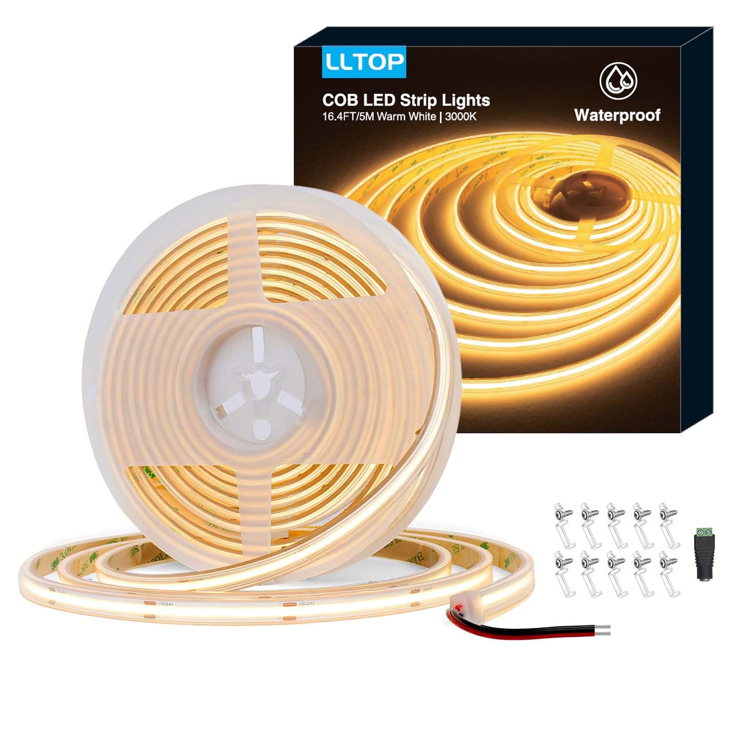 Lltop Cob Led Strip Lights Waterproof Ip67 Dc24V Warm White 3000K 16.4Ft/5M High Cri 92Ra+ Outdoor Led Tape Lighting Diy Cuttable For Bedroom Kitchen Cabinet Shelf (Power Supply Not Included)
