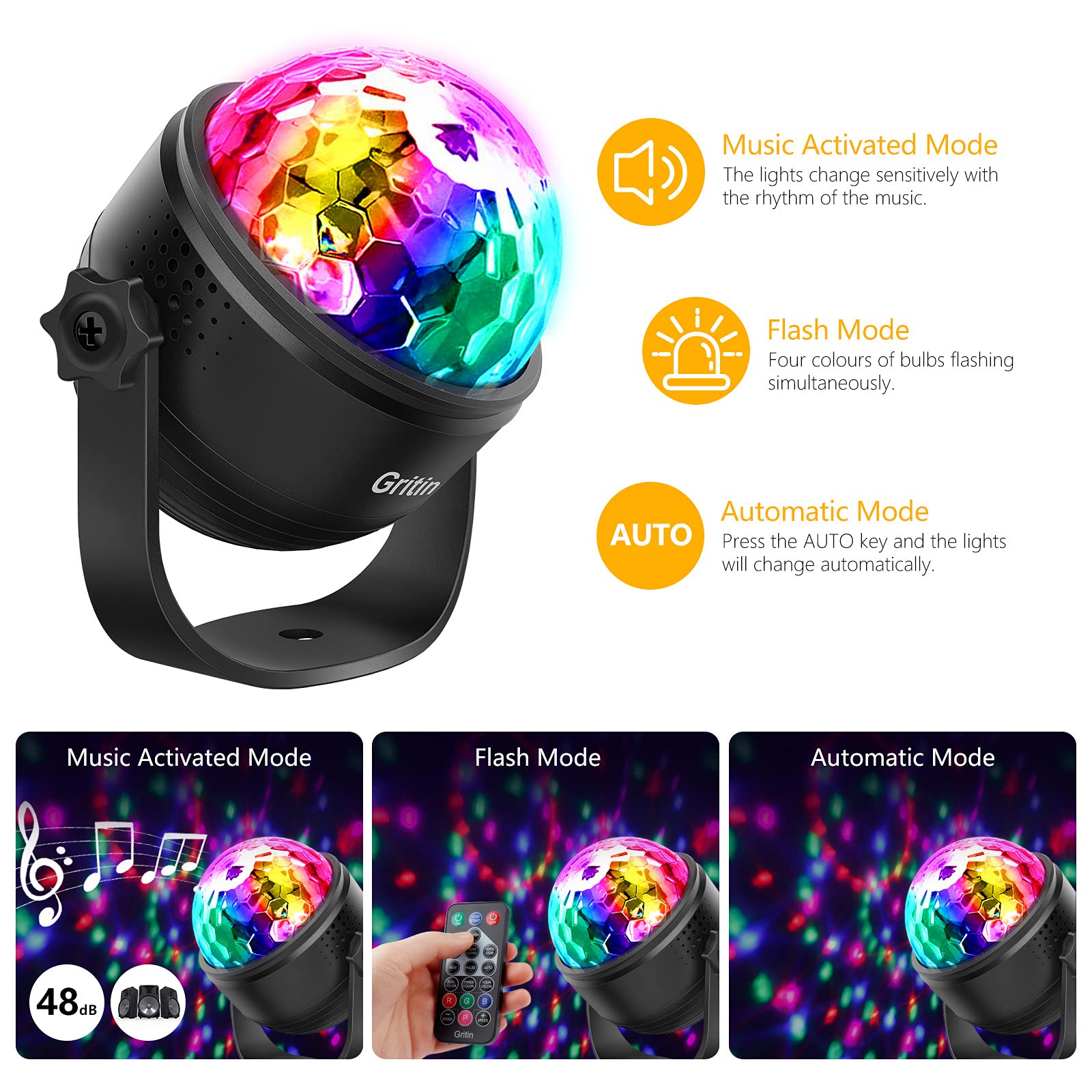 Disco Ball Party Lights, Gritin Sound Activated Dj Strobe Lamp Stage Light with Remote Control- 3W RGB Dynamic Light Effect, 4M/