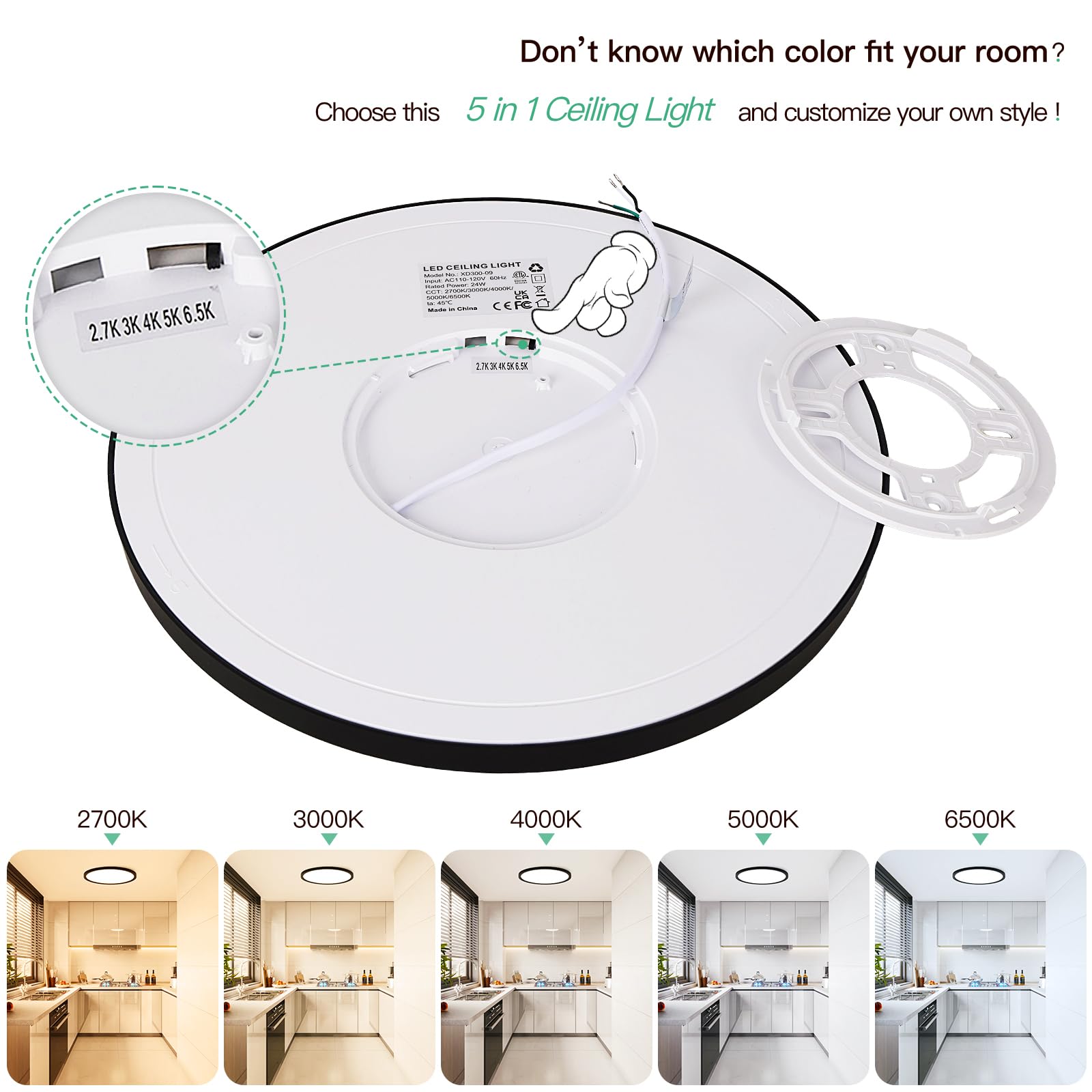 Brightever LED Flush Mount Ceiling Light Fixture, 12 Inch, Dimmable 2700K-6500K, 24W, Black, Model XD300-09, 4