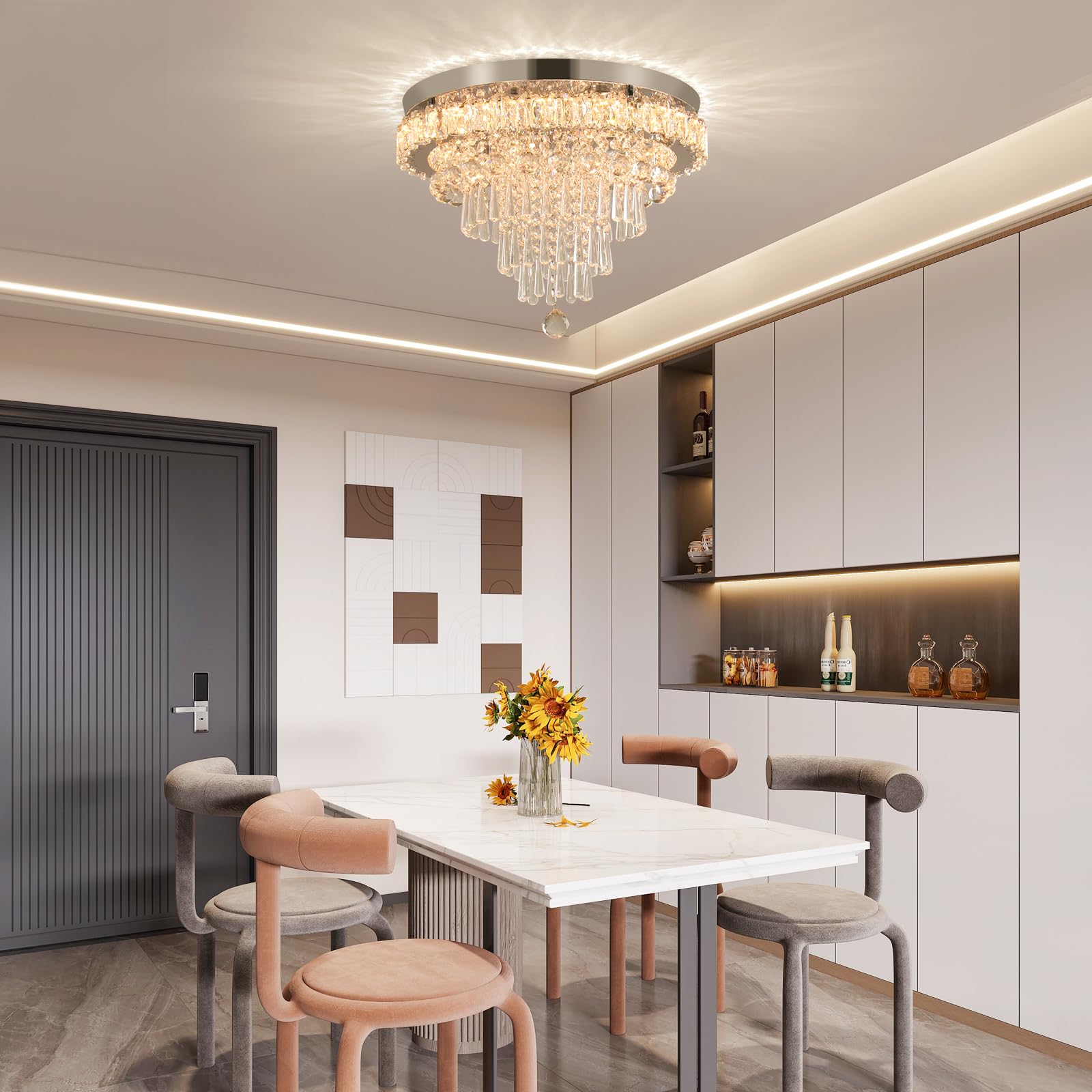 FRIXCHUR Crystal Chandelier LED Ceiling Light Fixture, Dimmable, Large, Stainless Steel, Model QH-MC109, 17.7 Inch