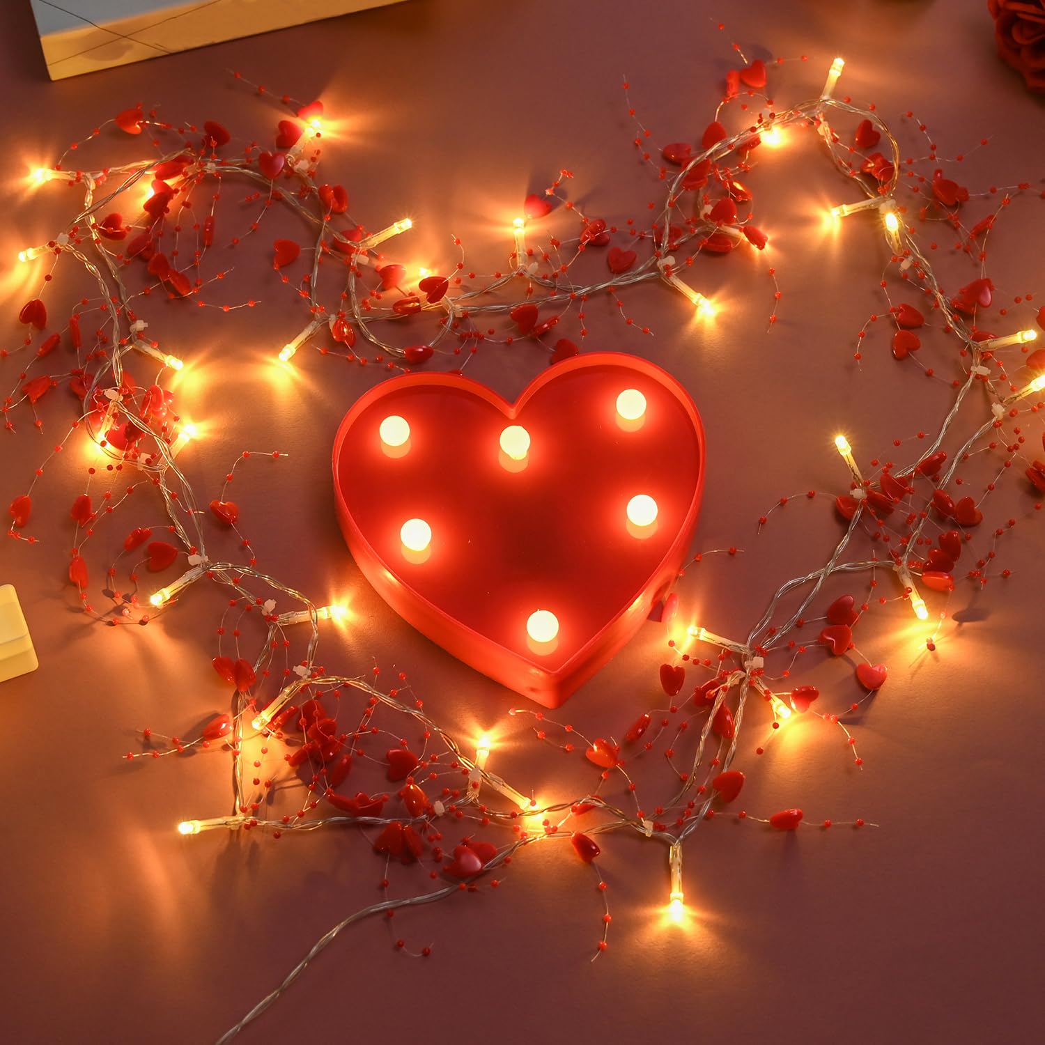 AOMOONOA [Timer] 10FT 30 LED Wedding Garland with Lights Red Heart Light String Battery Operated, Love Lights for Mantle, Firepl