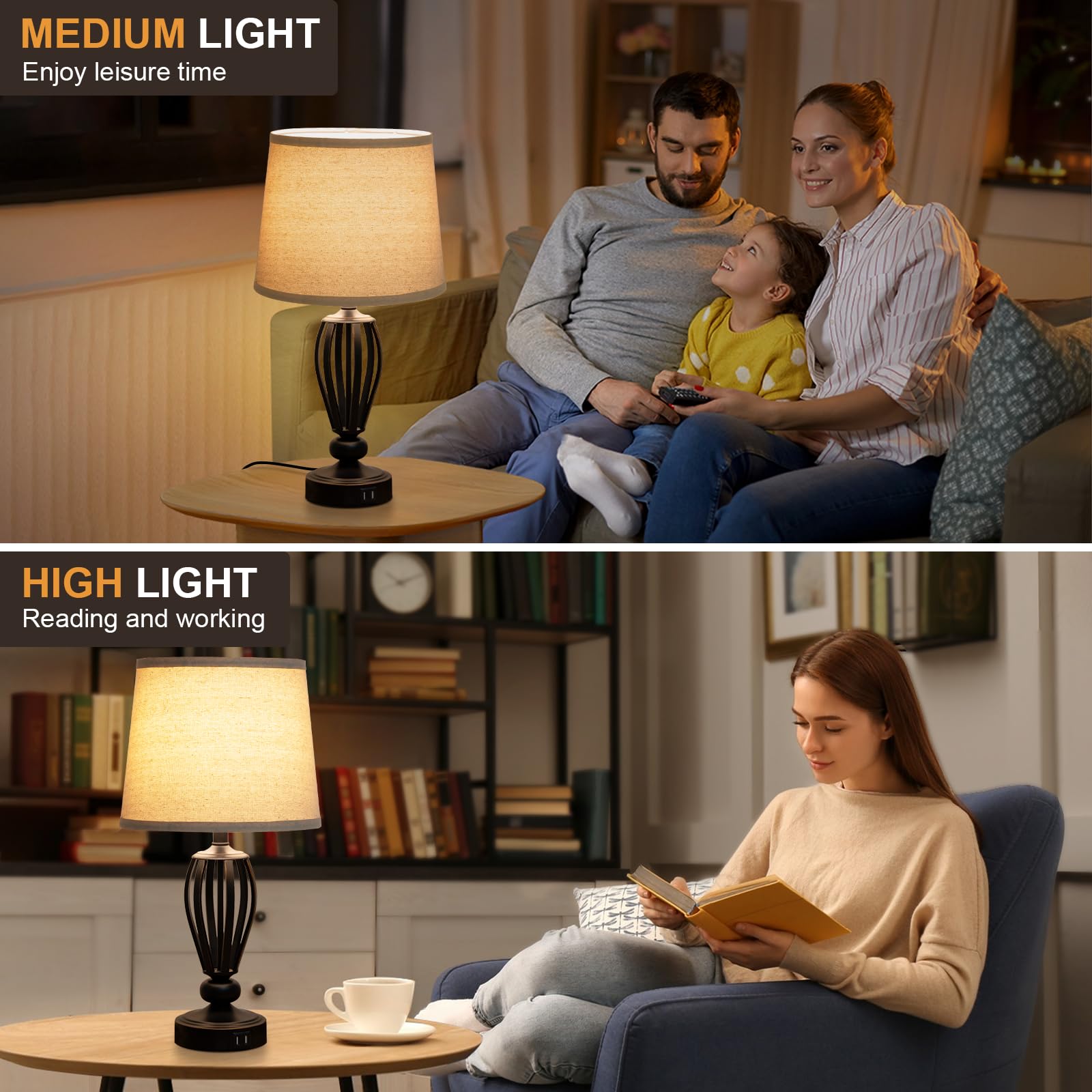 Seaside Village USB Bedside Lamp, 3-Way Dimmable, Black Metal Base, Beige Shade, Model S-FS-USB, Ideal for Bedroom, Living Room, Office