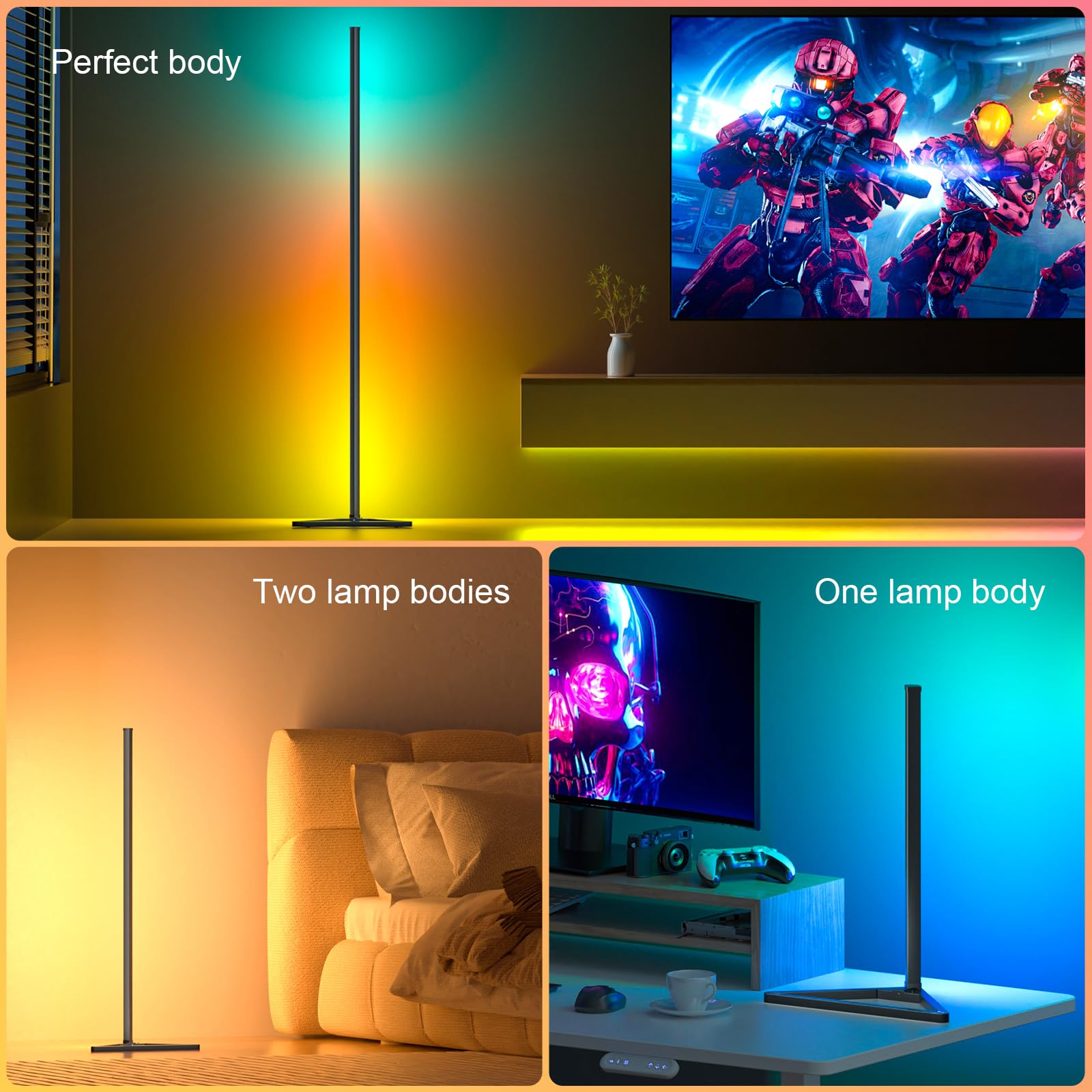 Miheal 2Pcs Black Corner Floor Lamp, Synced Lights Led Control Floor Lamp Rgb Light 56'' Smart Led Corner Lamp App And Remote Fo