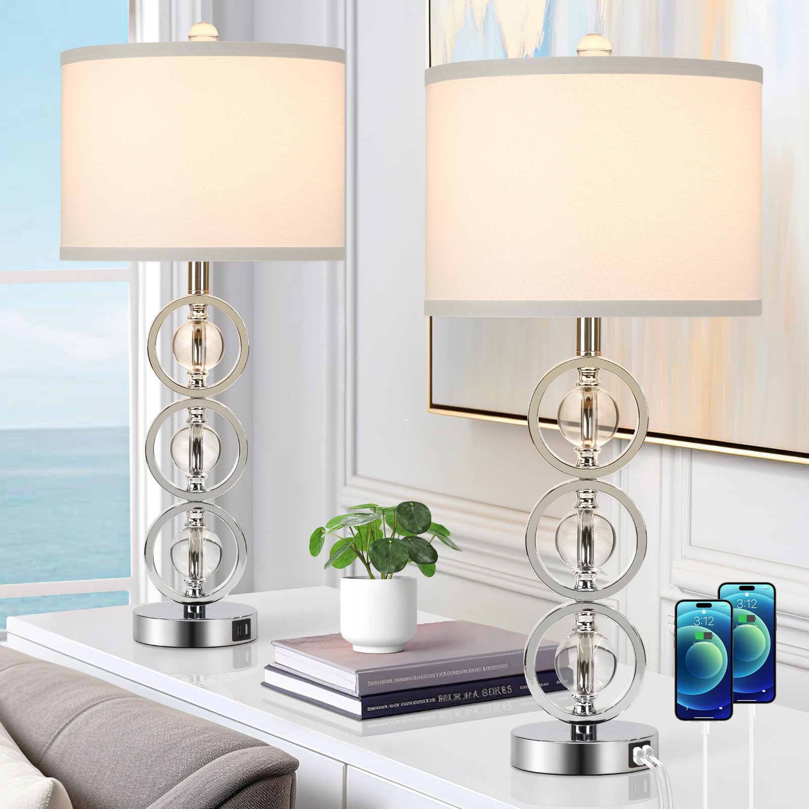 Set Of 2 Modern Silver Table Lamps With 2 Usb Charging Ports, 27 Tall Crystal Bedside Nightstand Lamp With White Fabric Shade, G