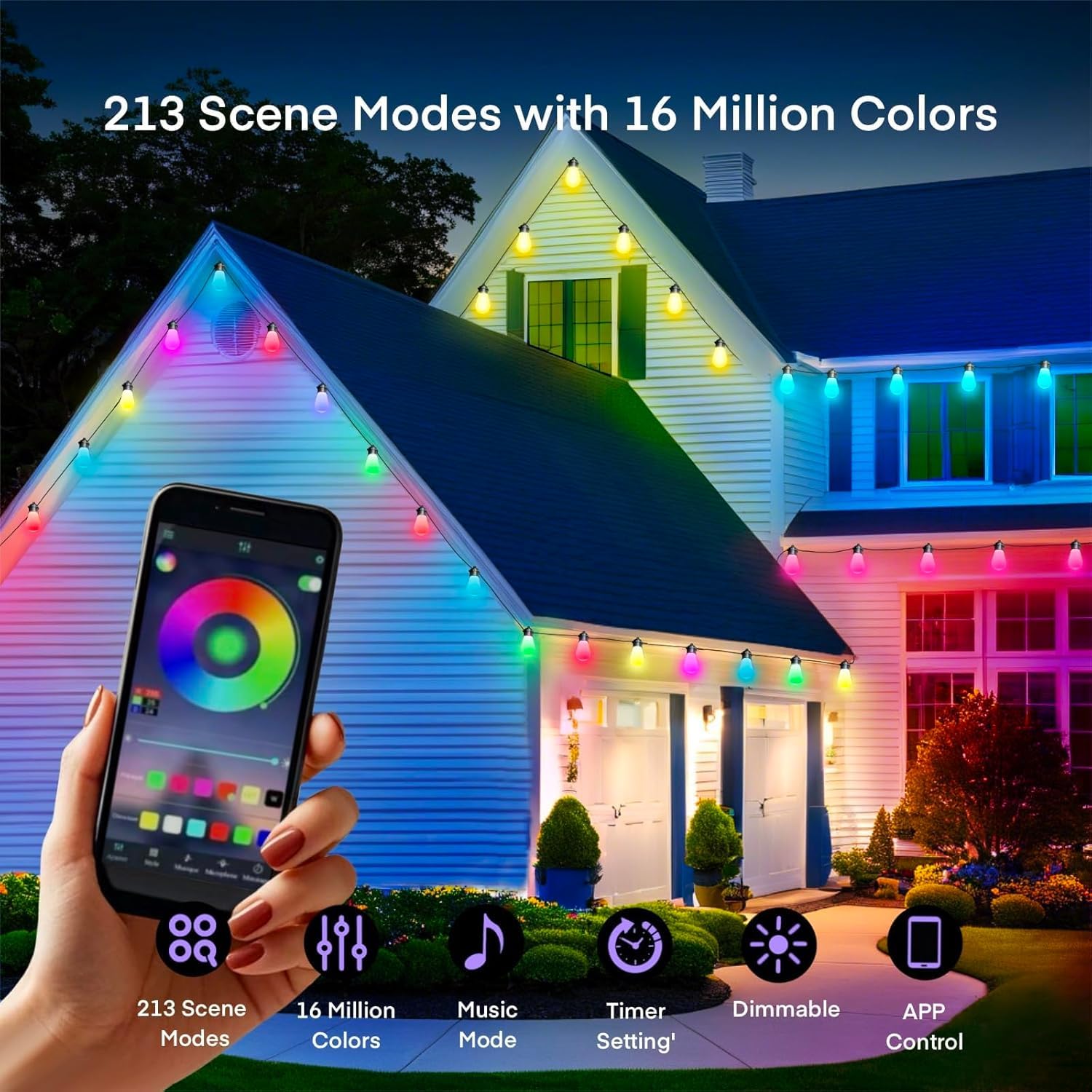 Honche Smart Outdoor String Lights, 36FT RGB LED, 15 Dimmable Bulbs, Waterproof, Remote/App Control, Color Changing for Patio & Garden