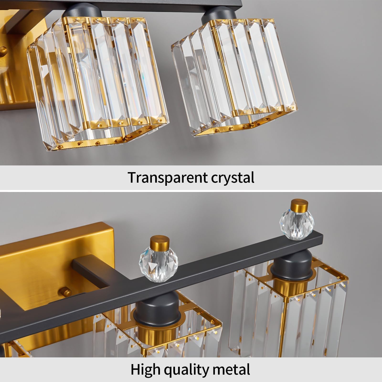 FDPBY 4-Light Crystal Vanity Light Fixtures, Black Gold Metal, Model 290, Modern Bathroom Lighting Over Mirror