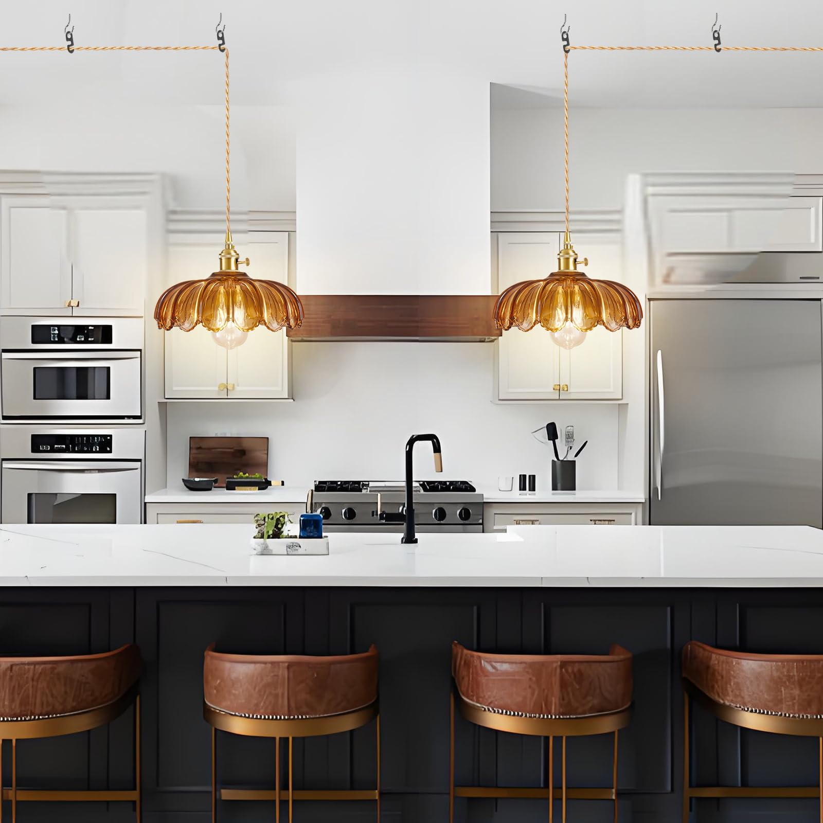 Beser·Win Pendant Light - Amber Glass Hanging Fixture with Plug-in Cord, Brown, E26 - Ideal for Kitchen Island, Bedroom, Dining Room