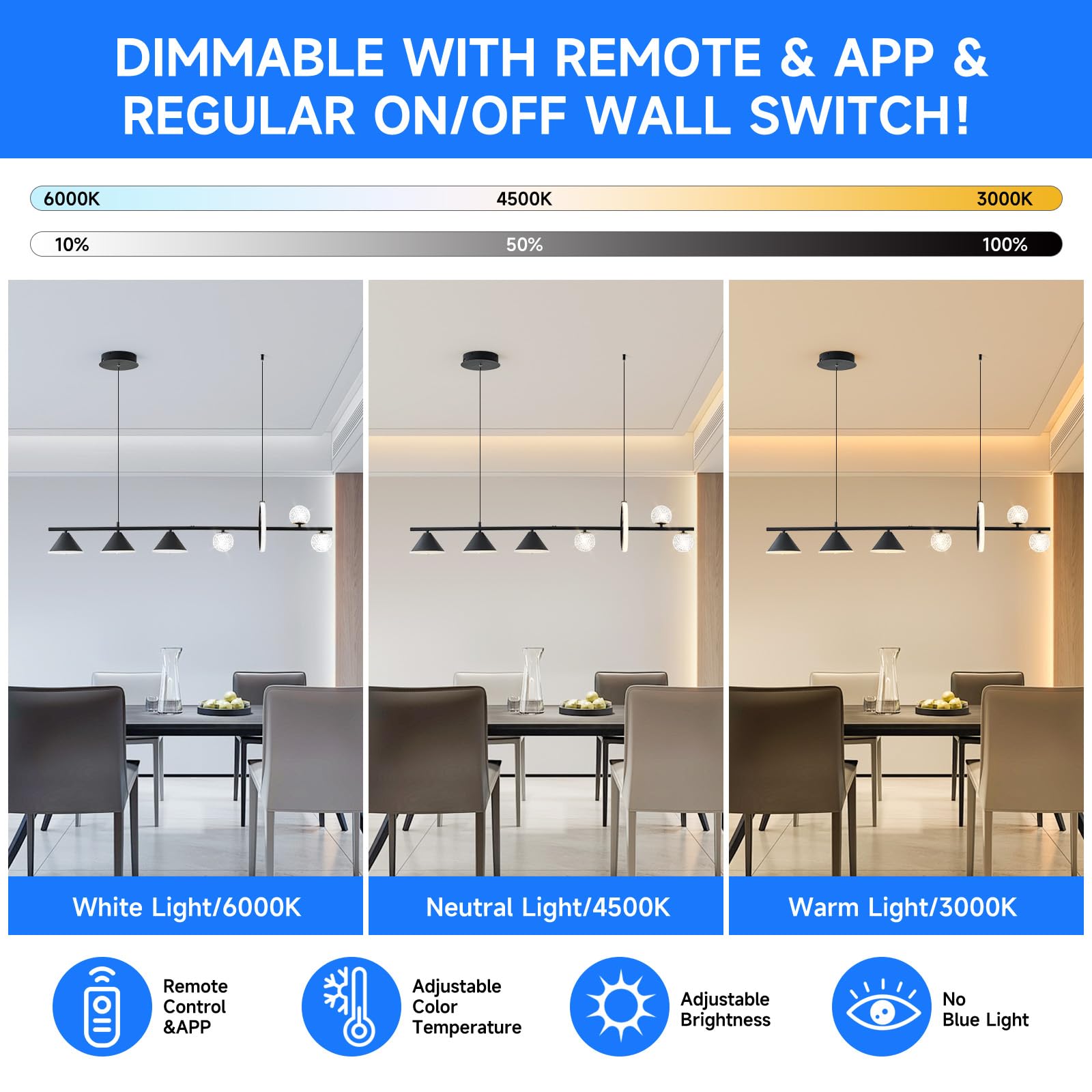 Oranoor Modern Led Pendant Lights, Dimmable 47In Linear Globe Led Chandelier Lighting, Black Dining Room Hanging Light Fixtures