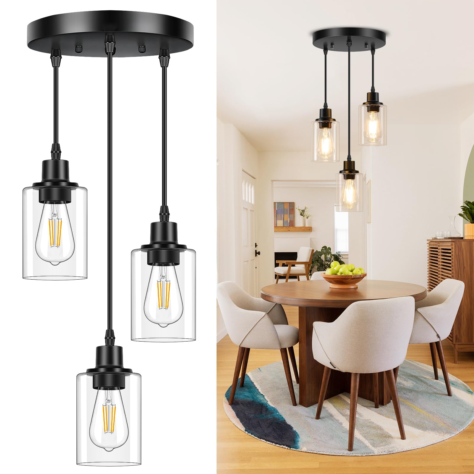 Licperron 3-Light Pendant Light Fixtures, Adjustable Black Metal Lighting with Clear Glass Shade for Kitchen Island, Dining Room, Living Room