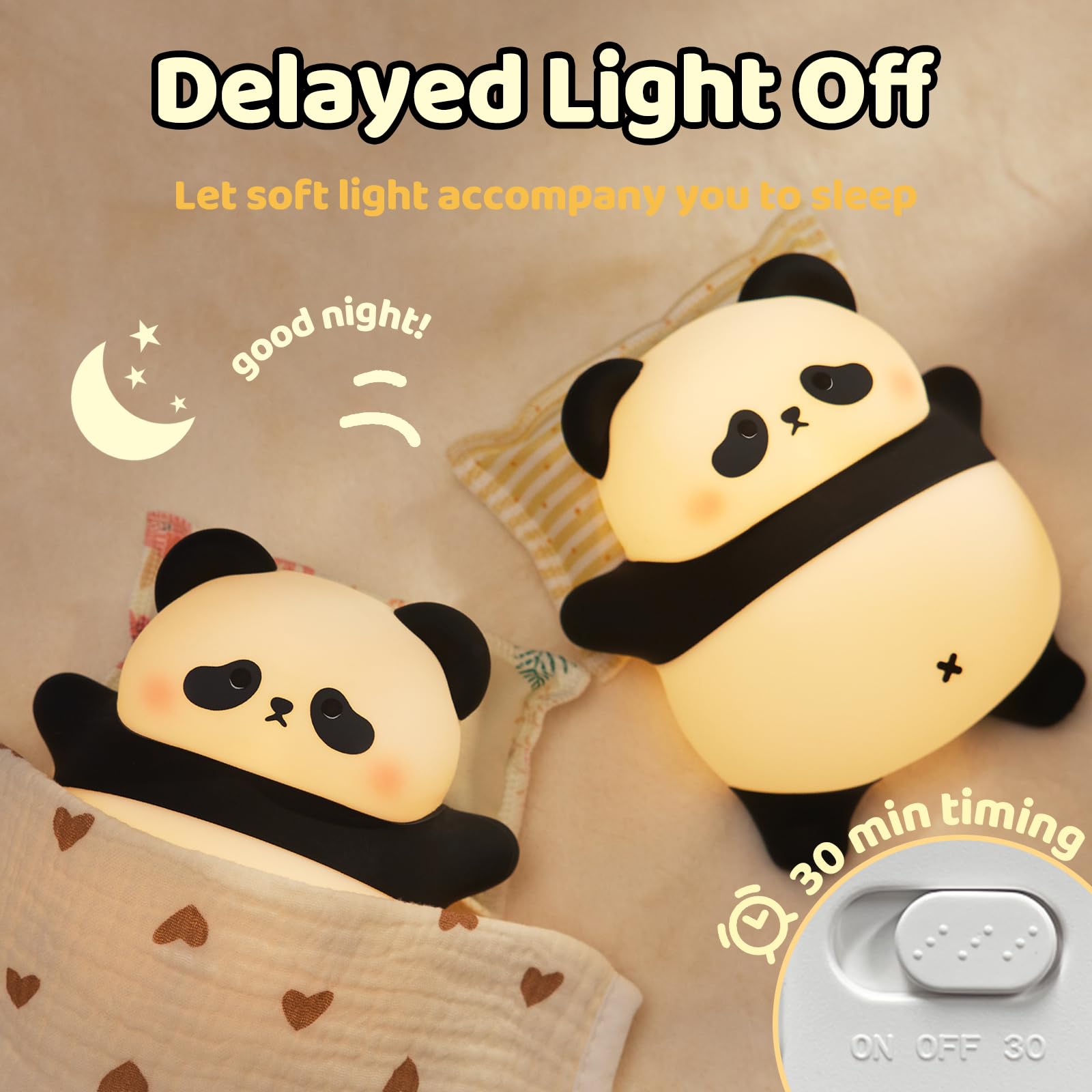 Rechargeable Cute Panda Night Light For Kids Room With Timer, Food Grade Silicone Touch Night Light For Baby Nursery, Dimmable Cute Lamp For Bedrooms, Breastfeeding, Squishy Panda Night Light For Kids