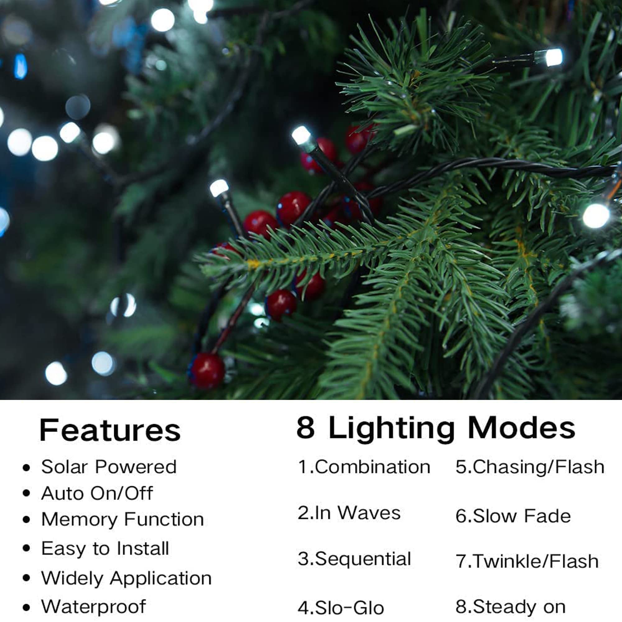 Joomer Solar String Lights 200 LED 72ft Waterproof Fairy Lights White 8 Modes for Christmas Decorations