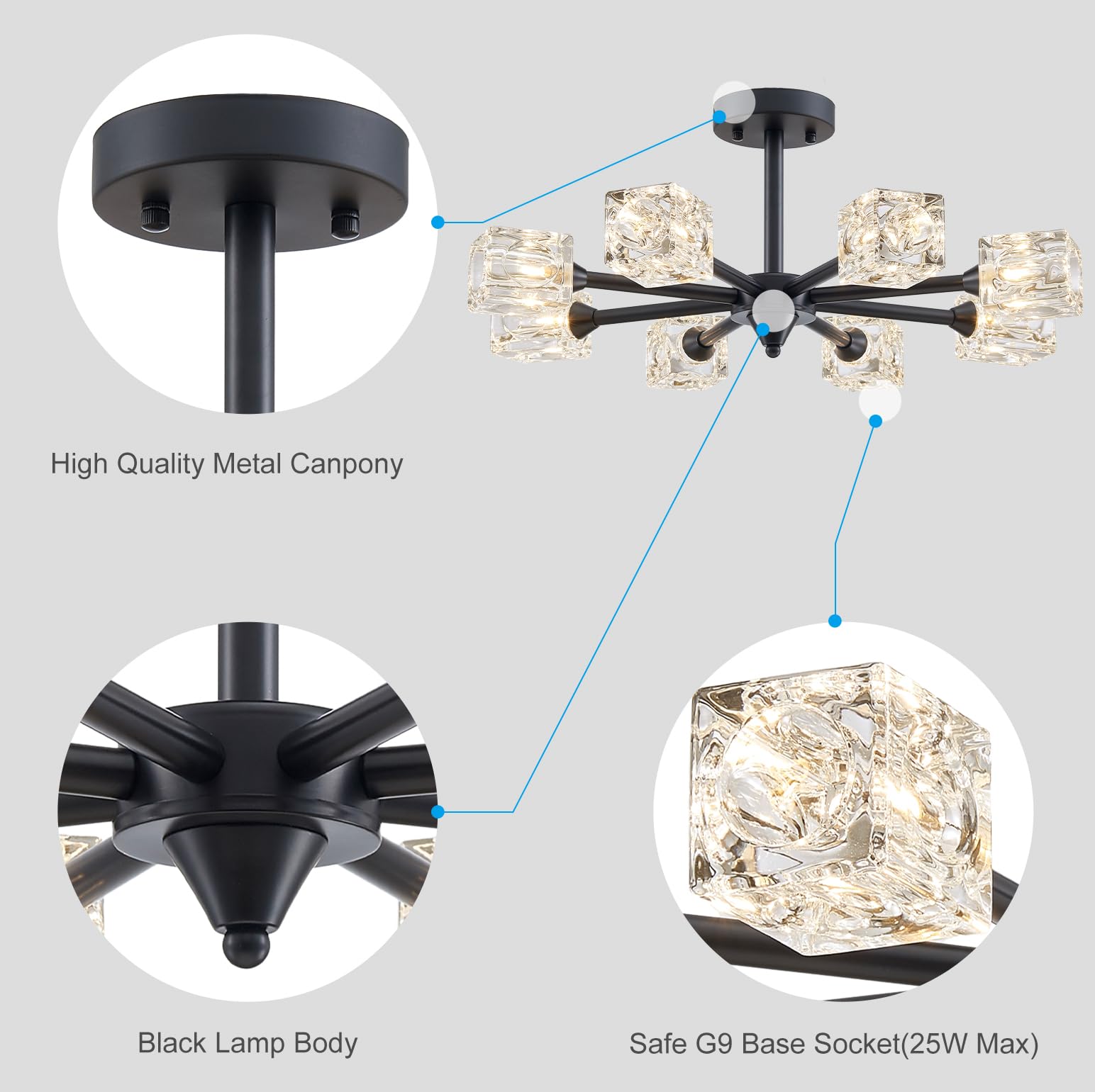 Xingqi Modern Black Chandelier Glass Ceiling Light Fixture 23'' Farmhouse Sputnik Chandeliers 8-Light Semi Flush Mount Ceiling L